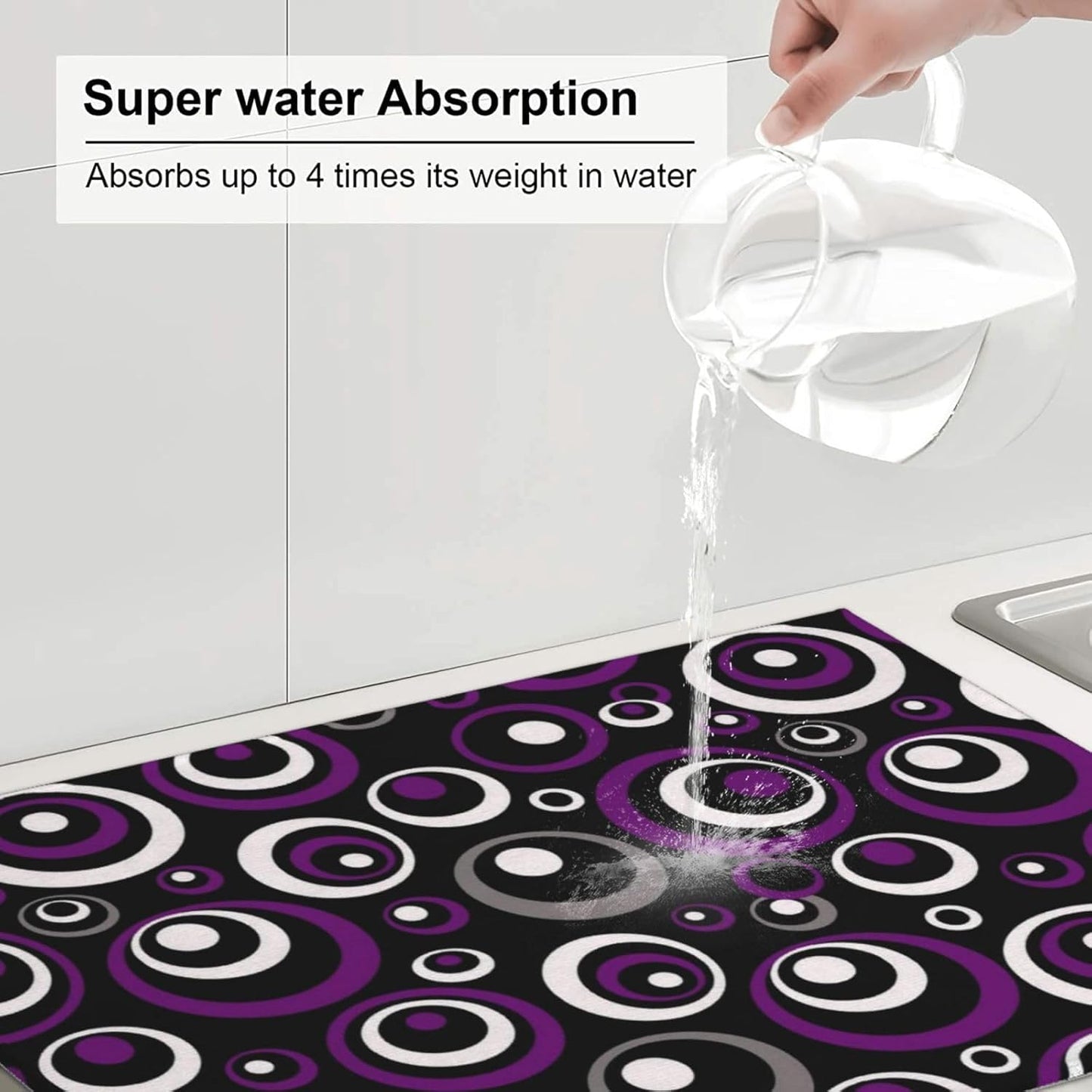 Purple Black White Geometric Circle Pattern Dish Drying Mat for Kitchen Counter, 18x24 inch Absorbent Reversible Microfiber Kitchen Countertop Protector Dishes Drying Pad for Dishes, Sink, Coffee Bar