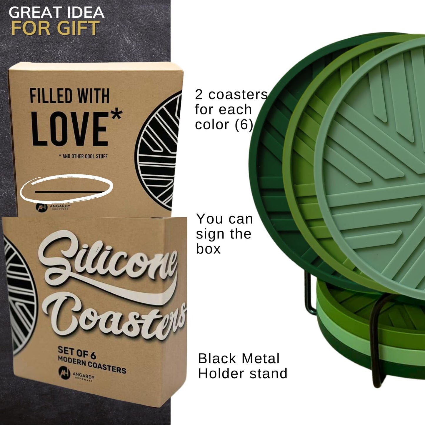 Silicone Coasters Set of 6 with Unique and Modern Patterns for Table Decor - Perfect for Outdoors and Coffee Table Protection- Green Sage