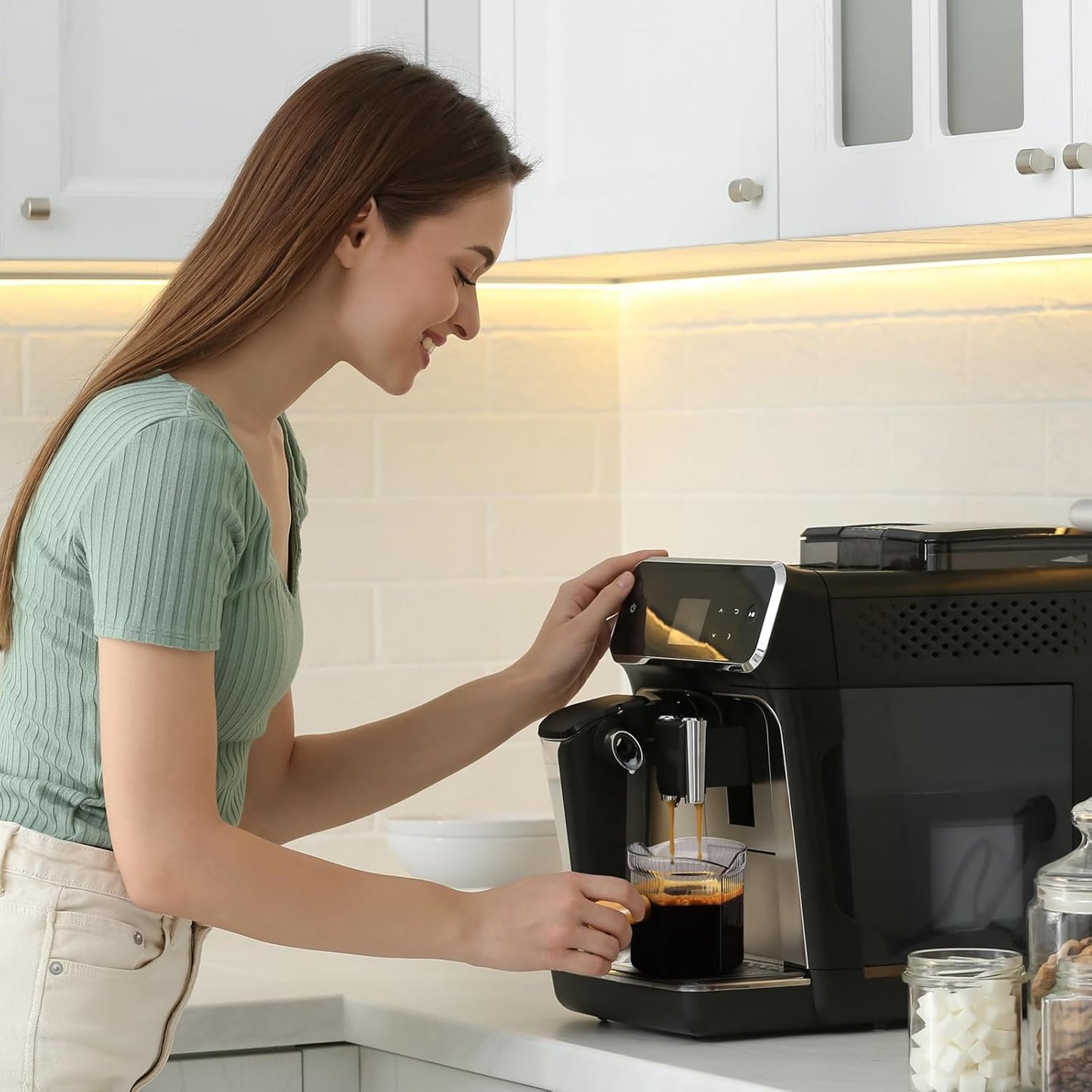 Espresso Cups 4 OZ, Double V-Shaped Spouts Cups, Espresso Shot Glasses with Wood Handle, Ribbed Milk Measuring Cup