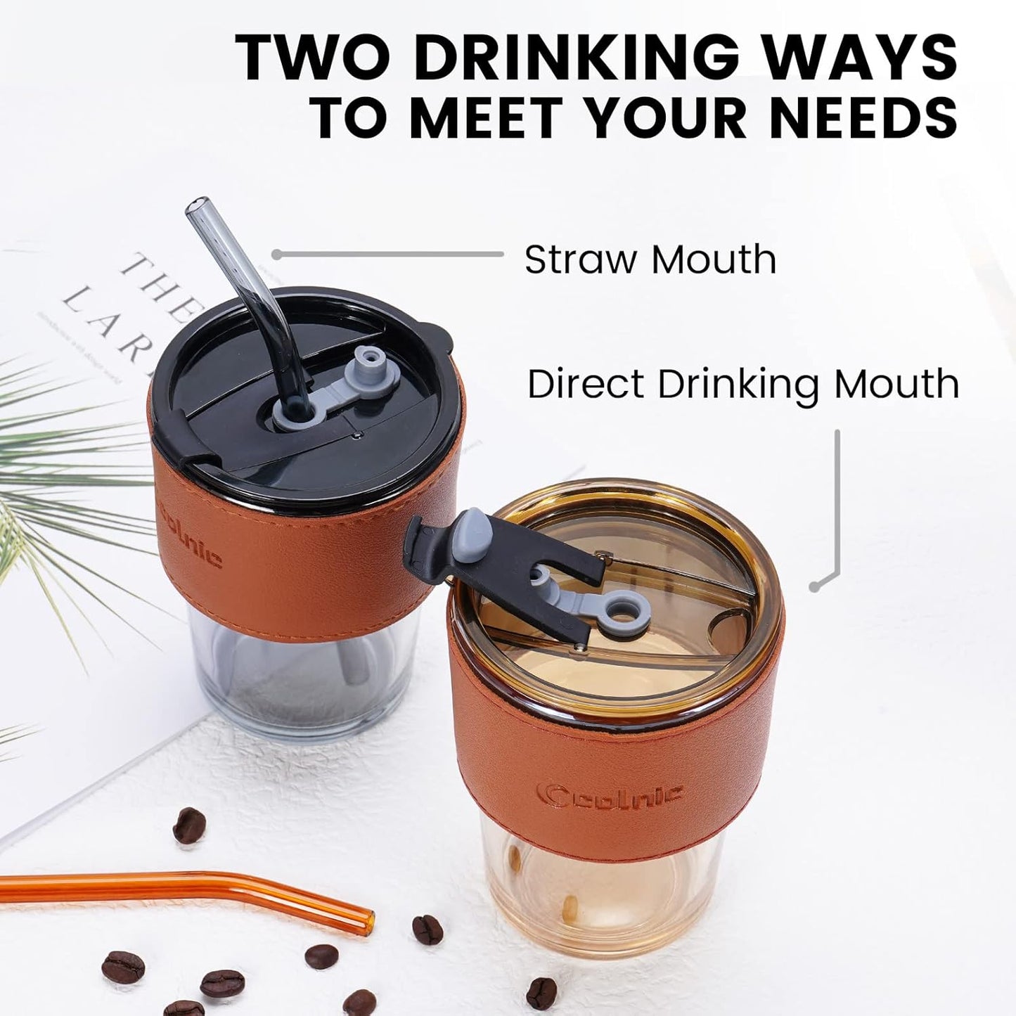 Iced Coffee Cup, 15 oz Glass Cups With Lids And Straws, Iced Coffee Glasses Tumbler, Thick Wall Mug For Tea Water With 2 Straw And Leather Sleeve, Glass Tumbler Gifts