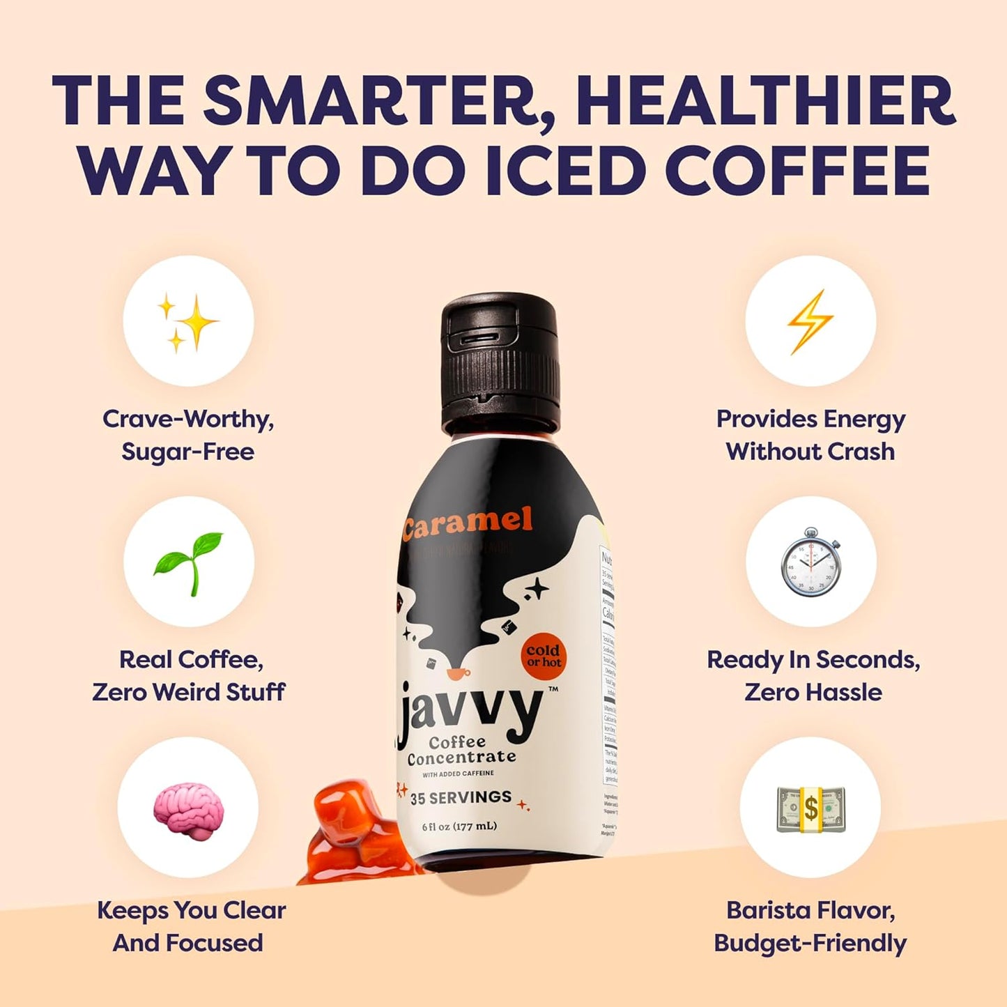 Javvy Coffee Concentrate - Cold Brew Coffee, Perfect for Hot or Iced Instant Coffees, Hot Drinks, Cold Brew Concentrate, 35 Servings - Caramel