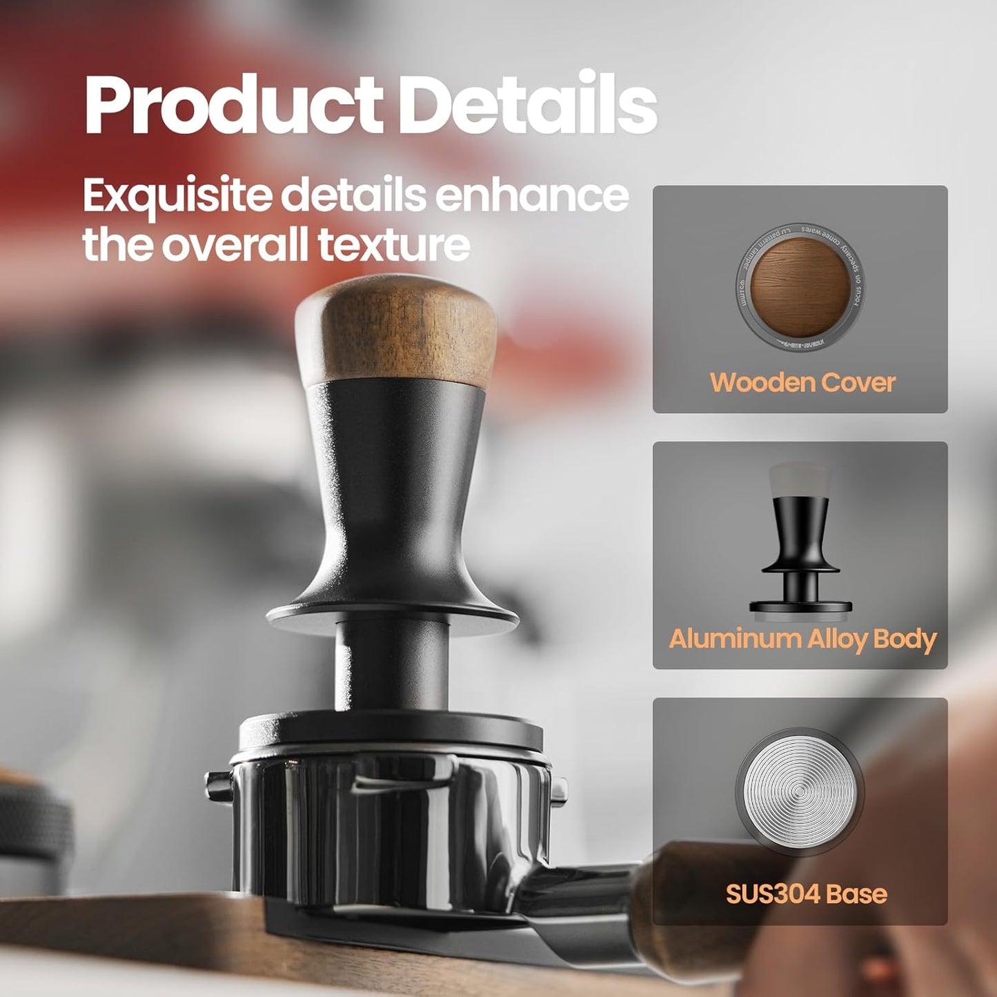 MHW-3BOMBER 54mm Espresso Tamper, Double Spring Loaded Tamper, Self Leveling without Tilting, 53mm Coffee Tamper with Wood Cover, 53.35mm Ripple Base, T7127