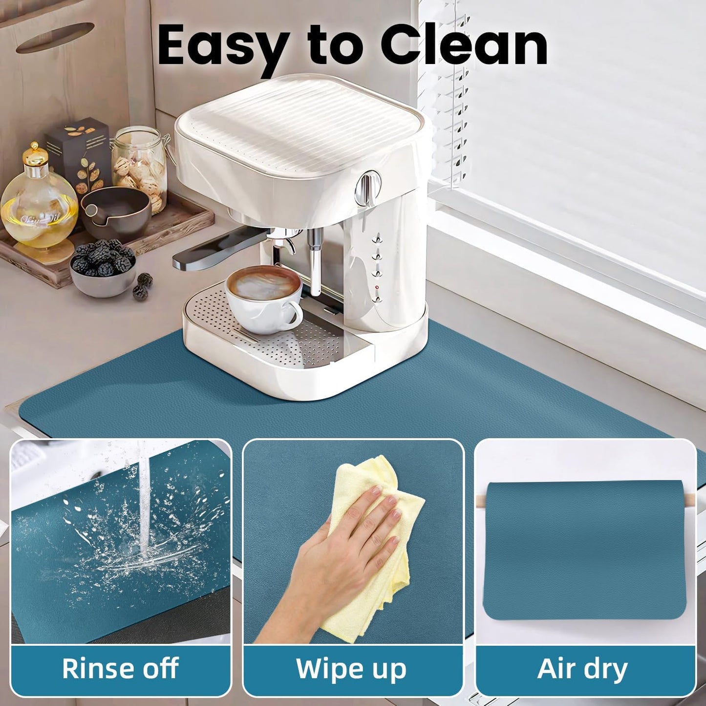 PoYang 24"x16" Coffee Mat Large, Coffee Bar Accessories for Countertop, Absorbent Dish Drying Mat, Anti-Slip and Hide Stain Pad for Espresso Machine, Espresso Maker and Kitchen Counter, Blue