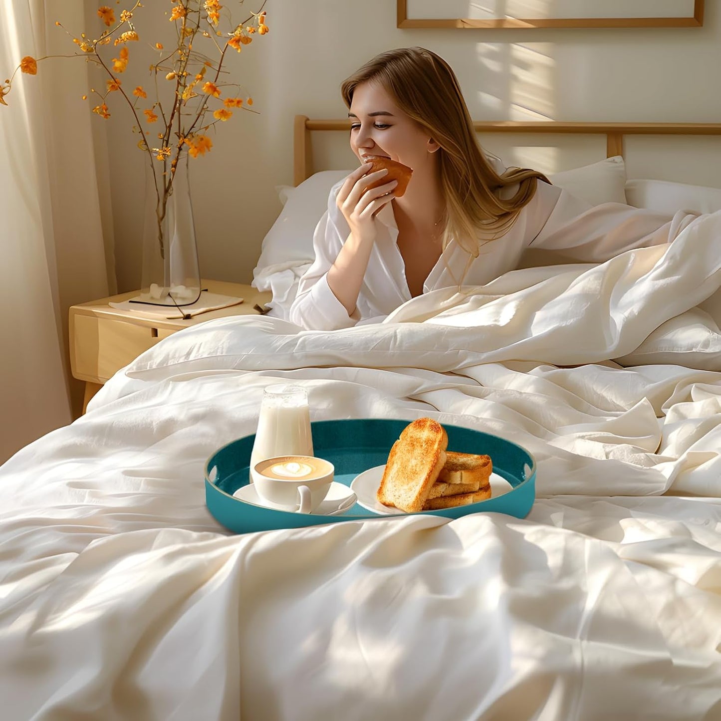 MAONAME 13" Round Tray, Teal Serving Trays with Handles, Modern Decorative Trays for Coffee Table, Plastic Ottoman Tray for Ottoman, Bathroom, Decor