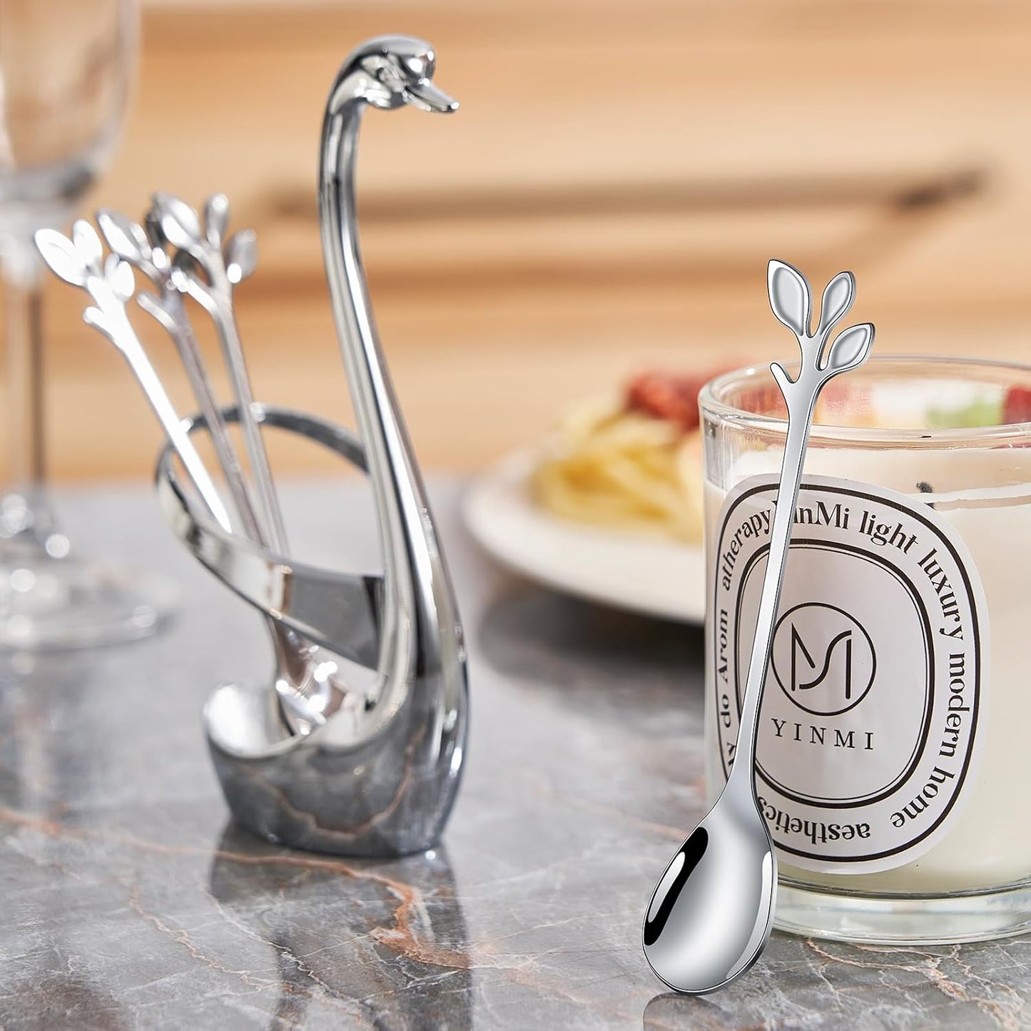 AnSaw Silver Small Coffee Spoon Holder Set,Swan Base With 10 Pcs Demitasse Espresso Spoons Set,4.7" Mini Leaf Dessert Spoon,Stainless Steel Tea Spoons