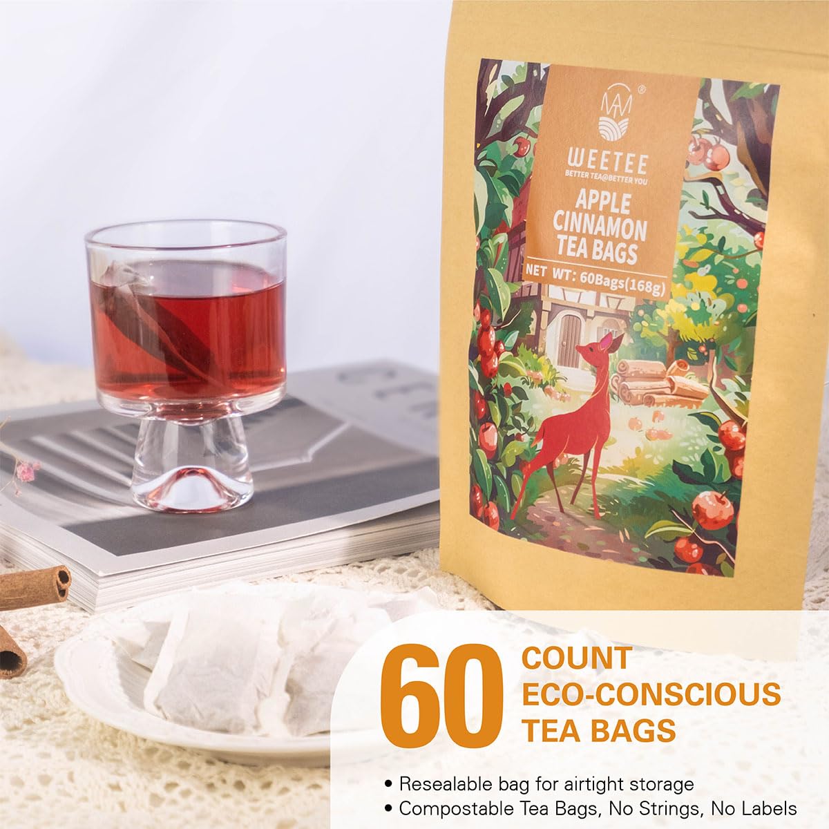 WT WEETEE Apple Cinnamon Herbal Tea Bags, 60 Count, Perfect Blend of Sweet Cinnamon, Tart Hibiscus, Natural Flavoring, Caffeine-Free