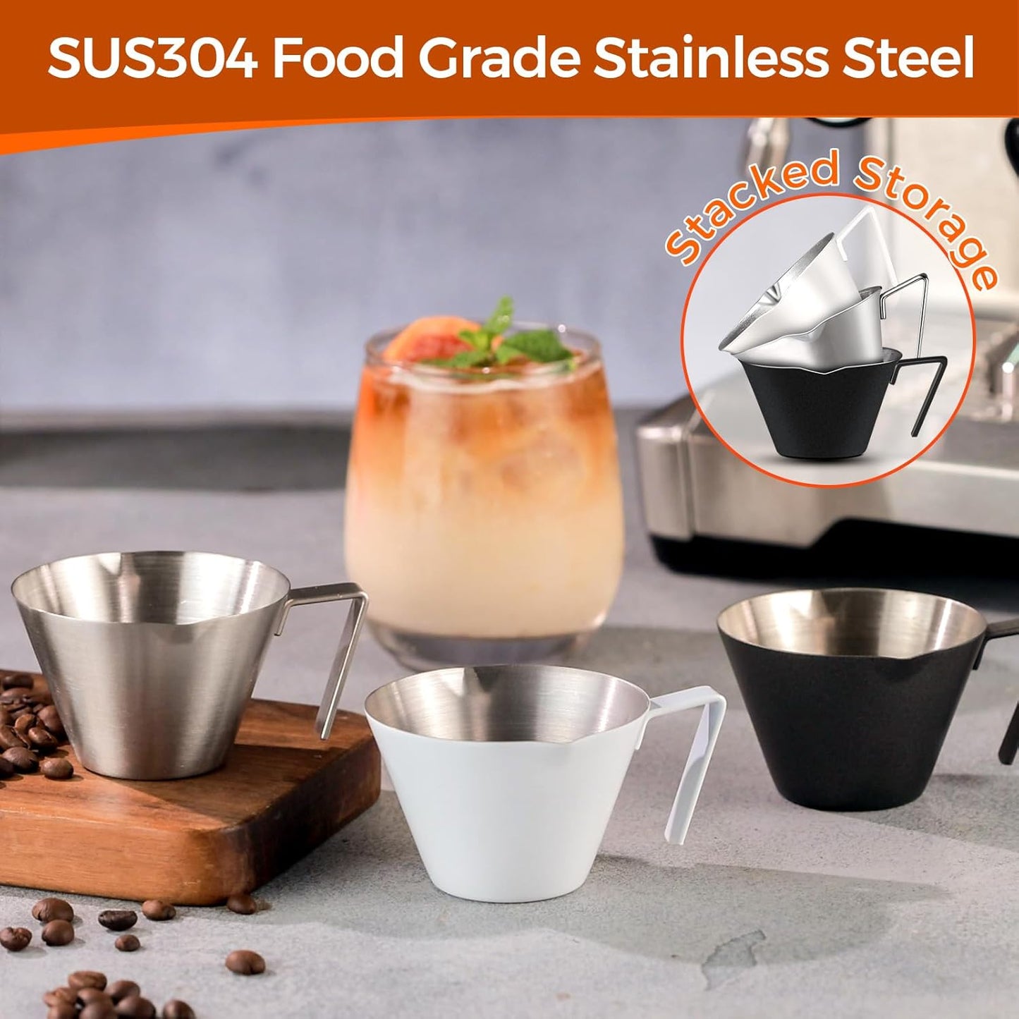 YARRAMATE Stainless Steel Espresso Shot Cup, Double Spout Metal Espresso Measuring Cup with V-Shaped Mouth, Espresso Accessories, 3.4OZ/100ML (White)
