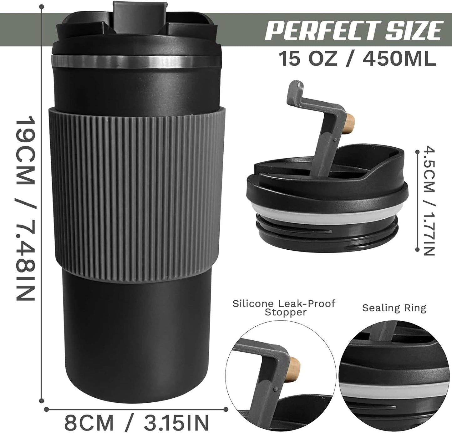 YINBAOGE Upgraded Insulated Travel Coffee Mug, Spill Proof & Leak Proof, Portable Camping Stainless Steel Tumbler, Reusable Coffee Cup with Lid, Thermos for Hot & Cold Drinks (4th-Black, 15OZ)