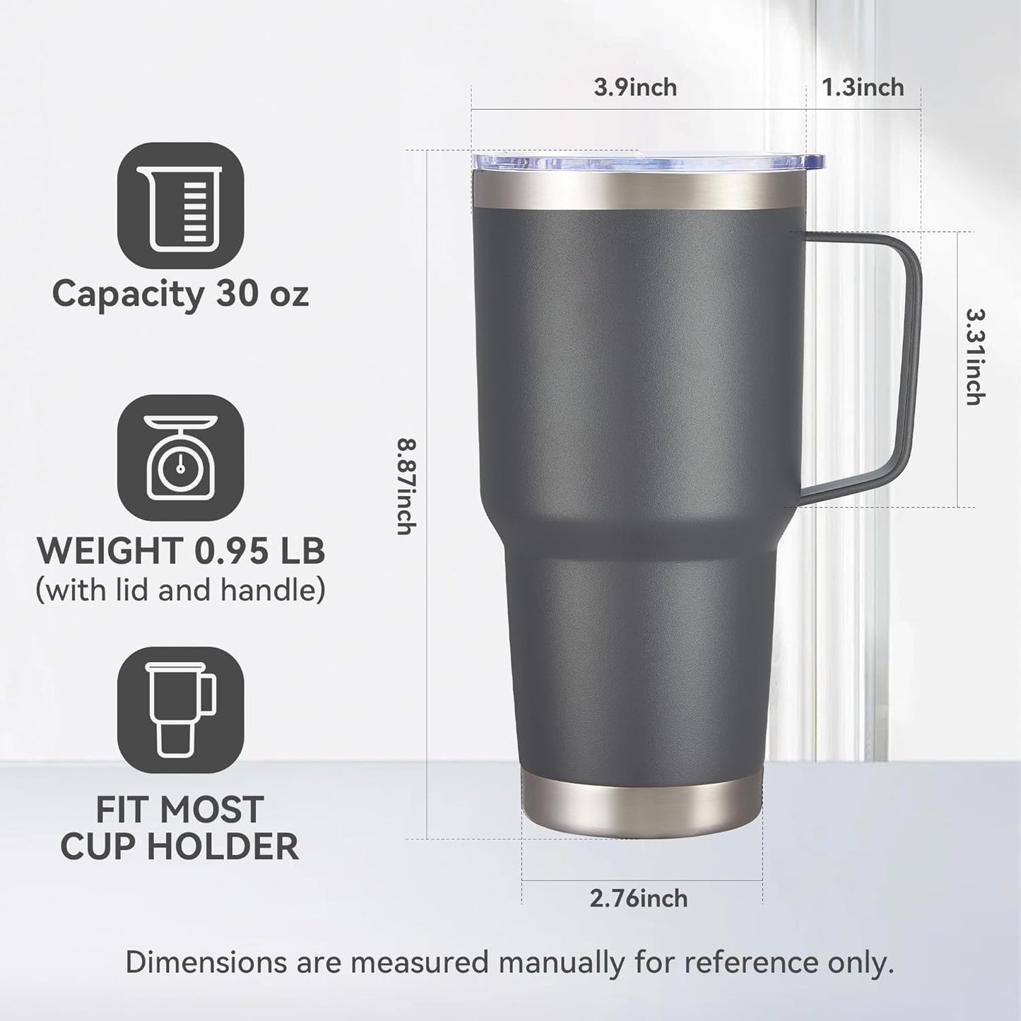 30 oz Tumbler with Handle and Lid, Stainless Steel Tumblers Bulk Double Wall Vacuum Insulated Travel Mug Leak Proof Cup Keep Drinks Cold and Hot Grey, 8 Pack