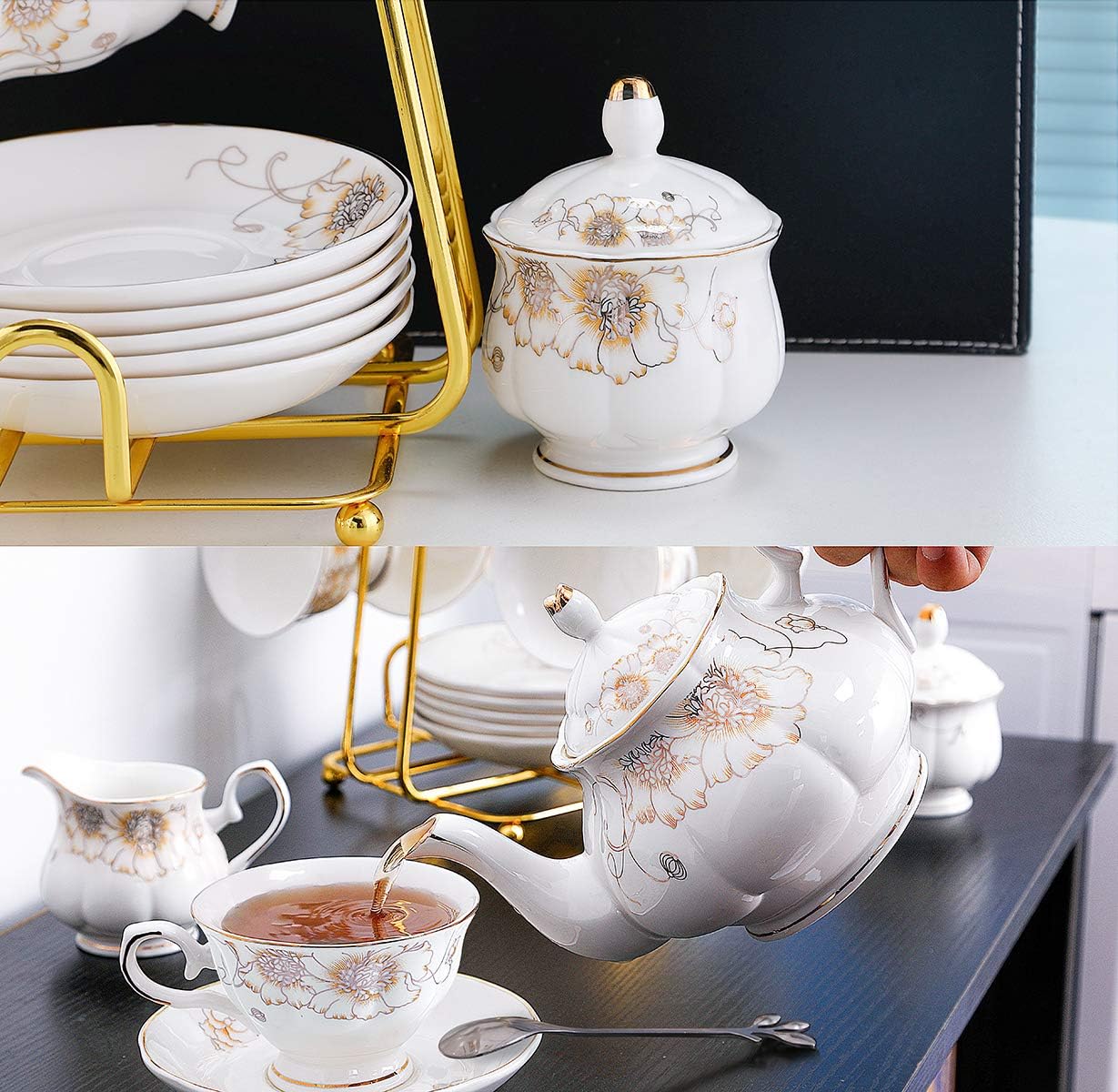 CHENP.HMC Tea Set 22-Piece Porcelain Ceramic Coffee Tea Gift Sets Cups Saucer Service for 6 Teapot Sugar Bowl Creamer Pitcher and Teaspoons (Chrysanthemum)