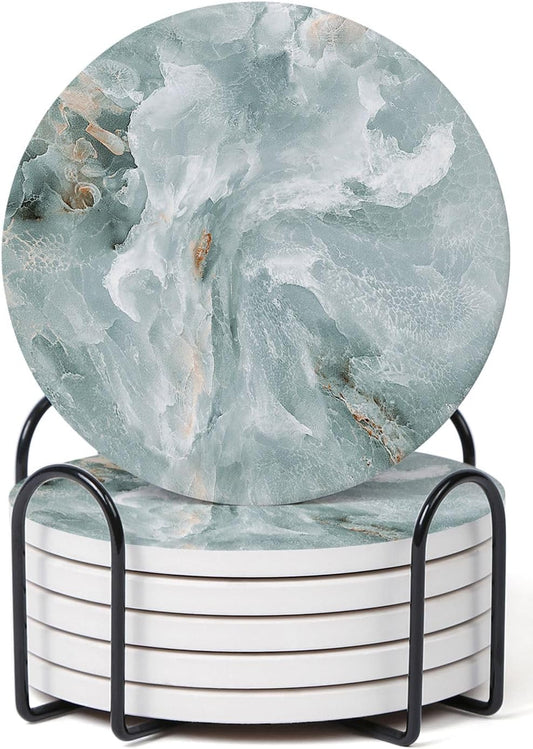 Set of 6 Abstract Marble Coasters with Holder, Absorbent Ceramic Coasters for Drinks, Coasters with Cork Backing for Table Protection, Housewarming Gifts for New Home