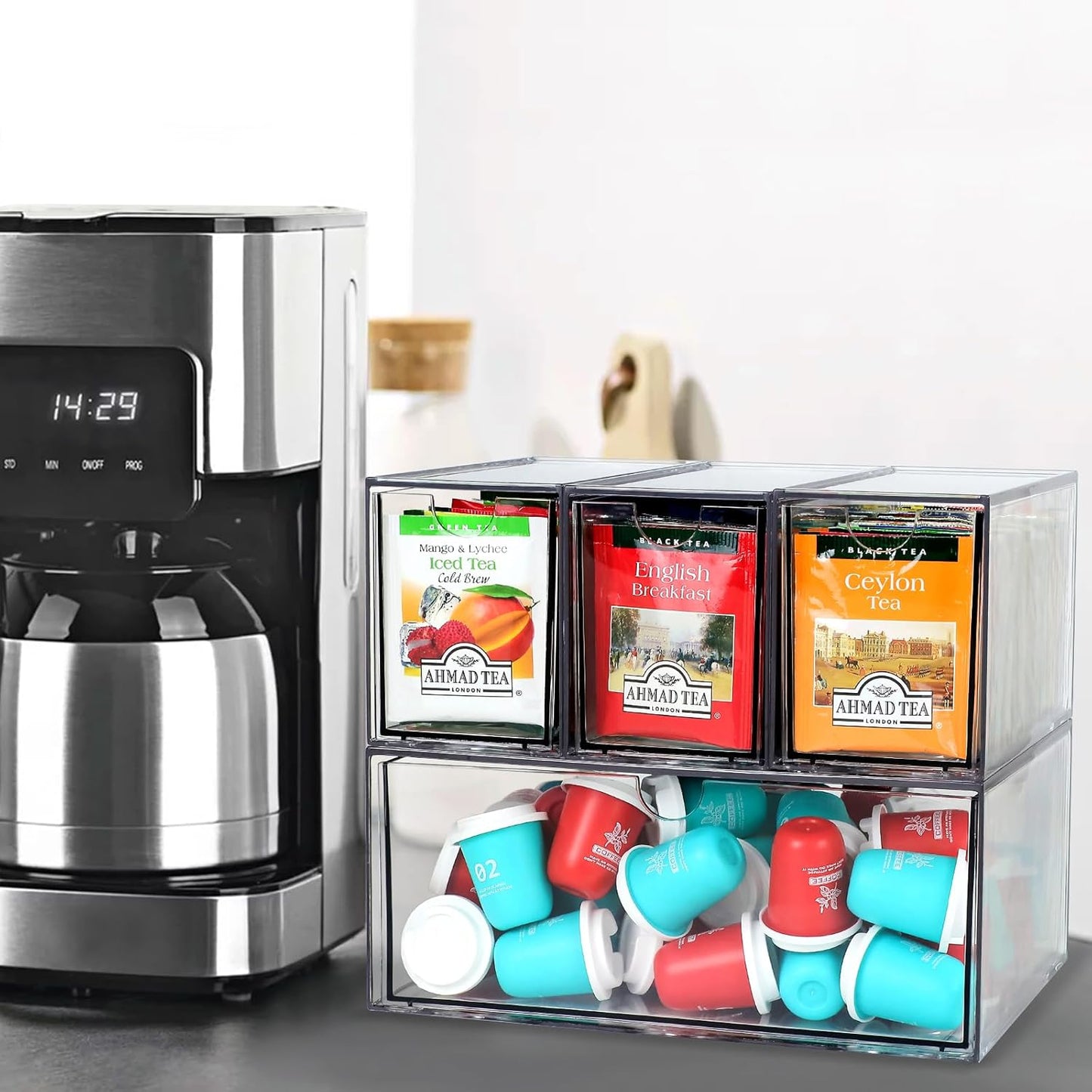 4 Tea and Coffee Organizer and Storage, Acrylic Tea Bag Holder Organizer, Plastic K Cup Drawer Container for Cabinet