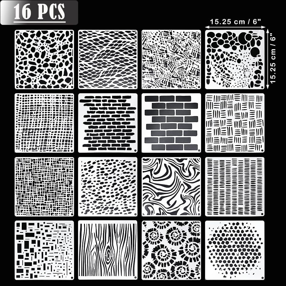 16Pcs Geometric Pattern Stencils for Crafts 6x6 Inch Brick Dot Layering Stencils for Painting on Wood Mixed Media Texture Stencil for Painting on Walls Furniture Fabric Canvas Card Making
