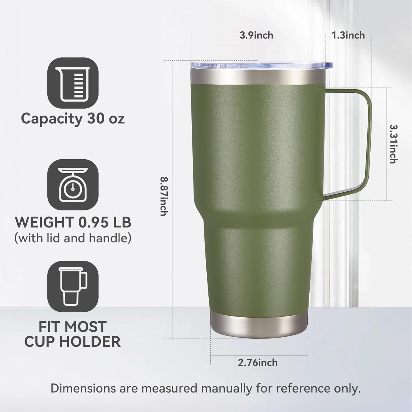 30 oz Tumbler with Handle and Lid, Stainless Steel Tumblers Bulk Double Wall Vacuum Insulated Travel Mug Leak Proof Cup Keep Drinks Cold and Hot Army Green, 4 Pack