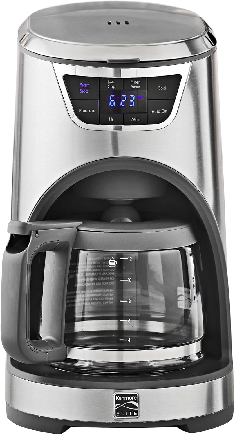 Kenmore Elite Drip Coffee Maker - 12 Cup Programmable Cafe Machine With Glass Pot, Regular & Bold Brew, Auto Shut Off Large Water Reservoir, Reusable Filter, Kitchen Appliances
