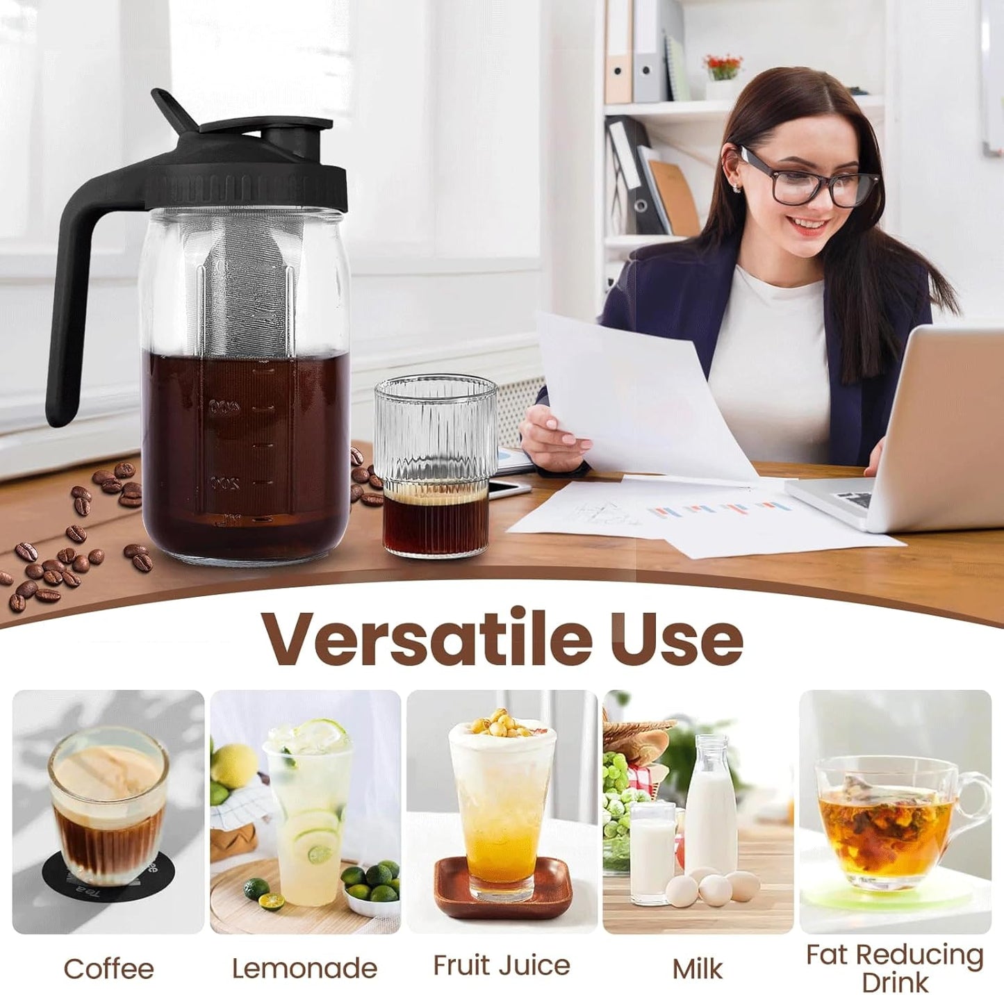 Cold Brew Coffee Maker,32 Oz Mason Jar Pitcher with Stainless Steel Filter, Pour Spout Handle Lid, Heavy Duty Glass Airtight & Leak-Proof Pitcher for iced coffee Tea Lemonade-Black