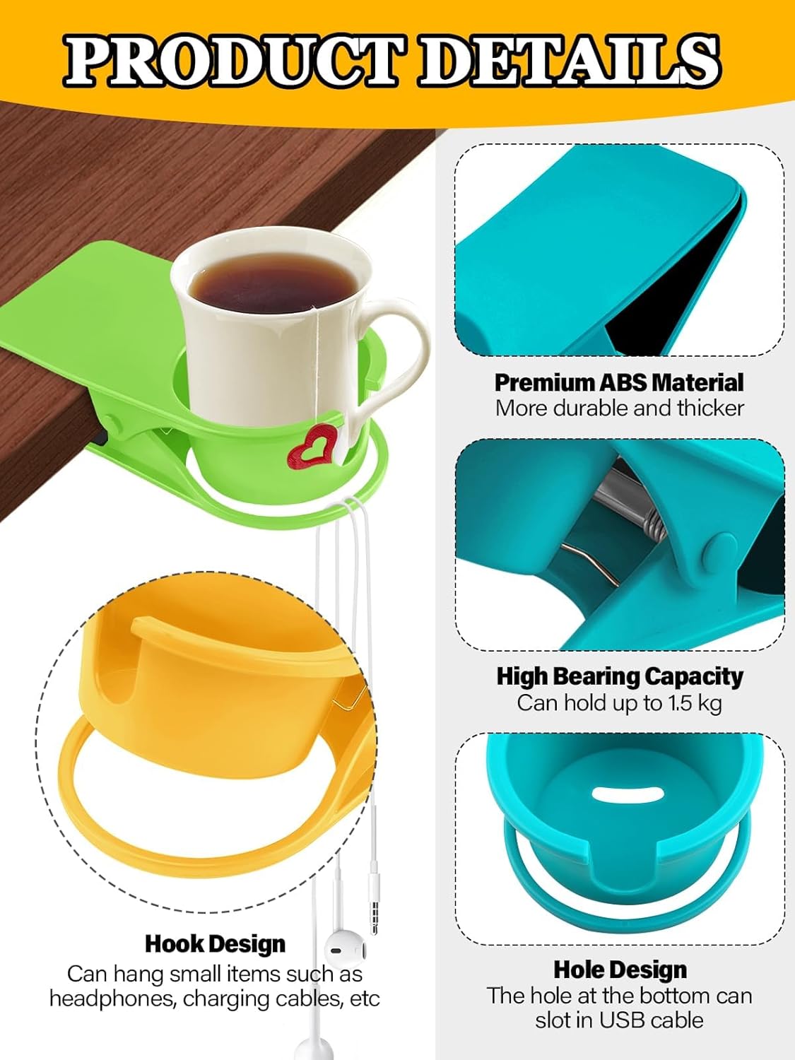 3PCS Drinking Cup Holder Clip Kalolary Chair Desk Bottle Cup Stand DIY Glass Clamp Storage Saucer Clip with Groove for Potted Plant Beverage Coffee Mug Holder Clip for Home Office (Yellow Green Blue)