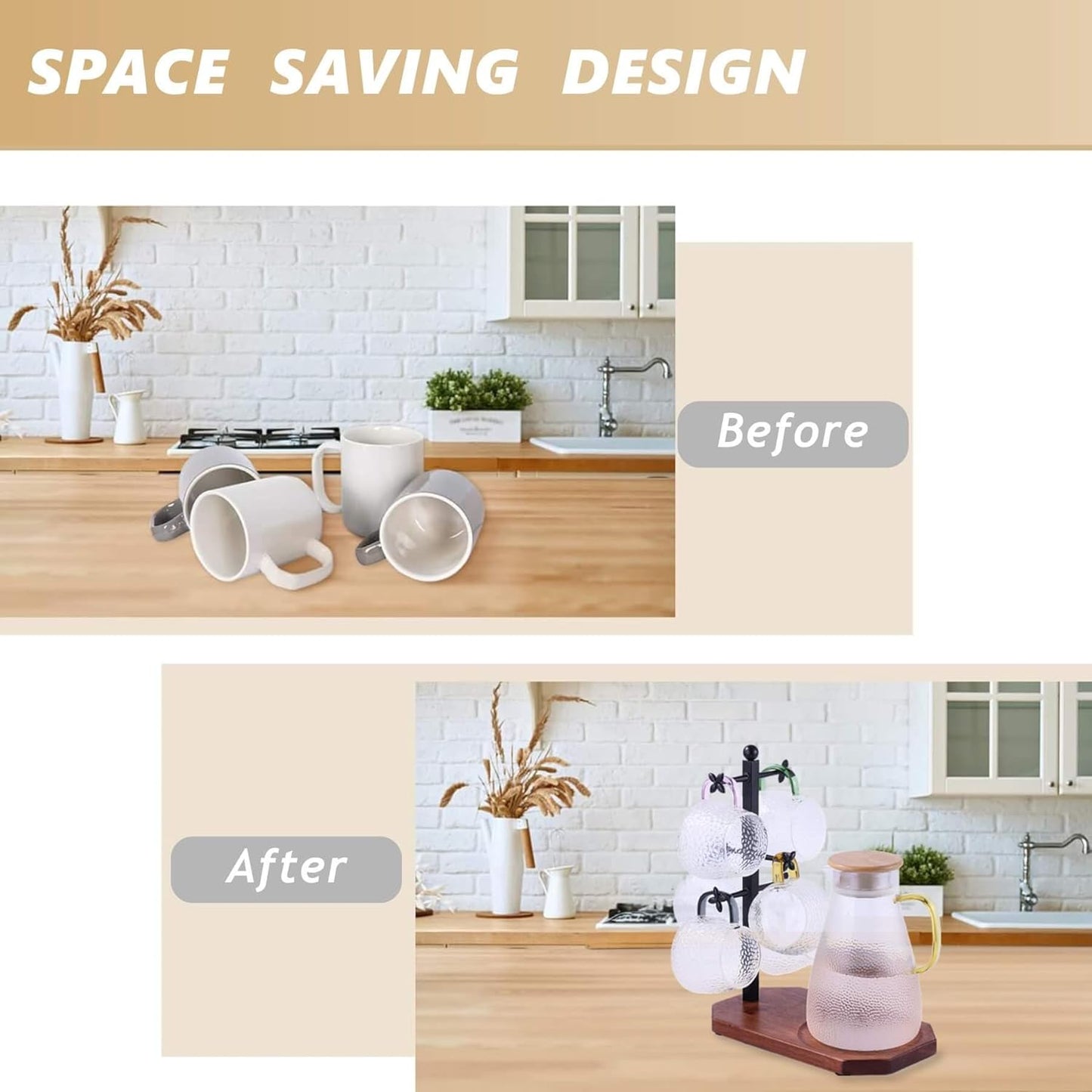 Mug Tree for Large Mugs With 6 Hooks and Coffee Pot Tray - Multi-Function Stand for Counter, Bar Accessory & Kitchen Organizer