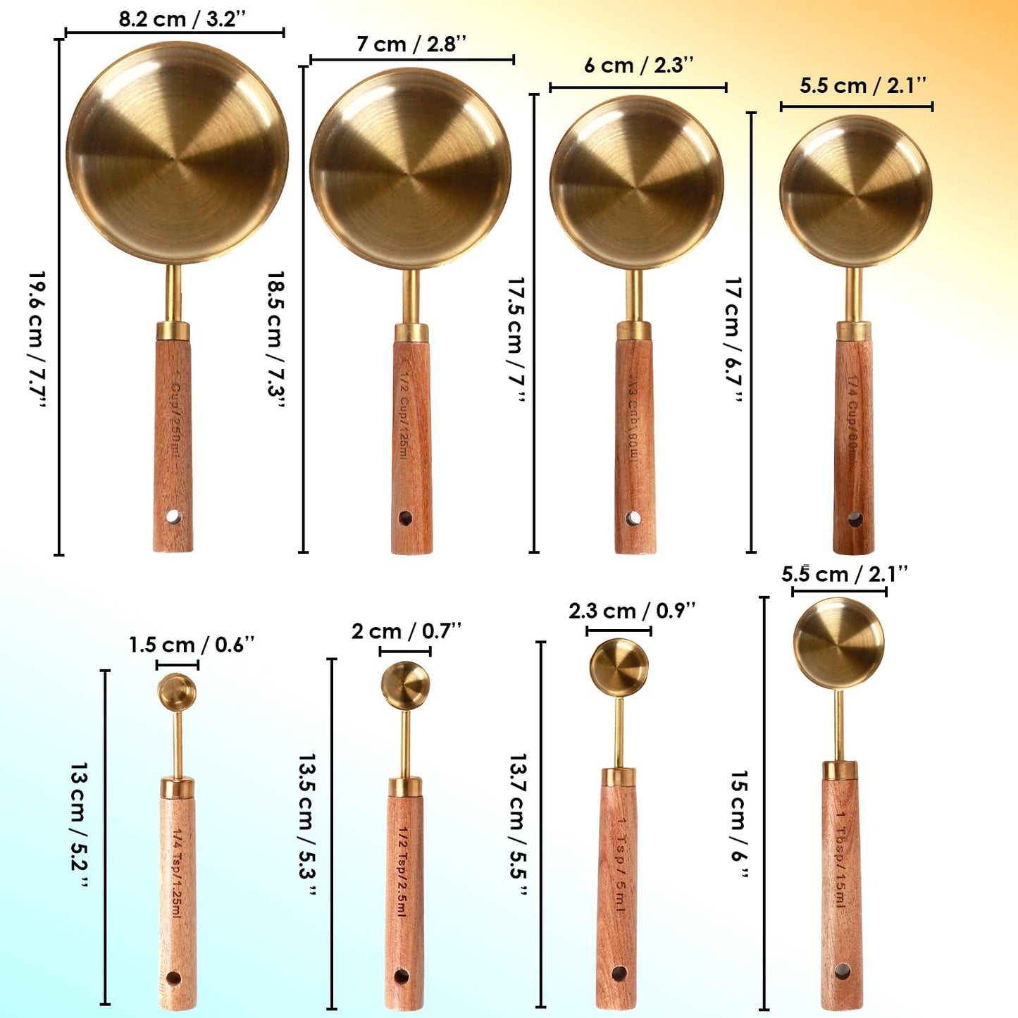 Collection 8 Piece Gold Measuring Cups Set and Measuring Spoons, Golden With fragrant wood Handles-Complete Set of Measure Cups and Spoons For Cooking and Baking.…