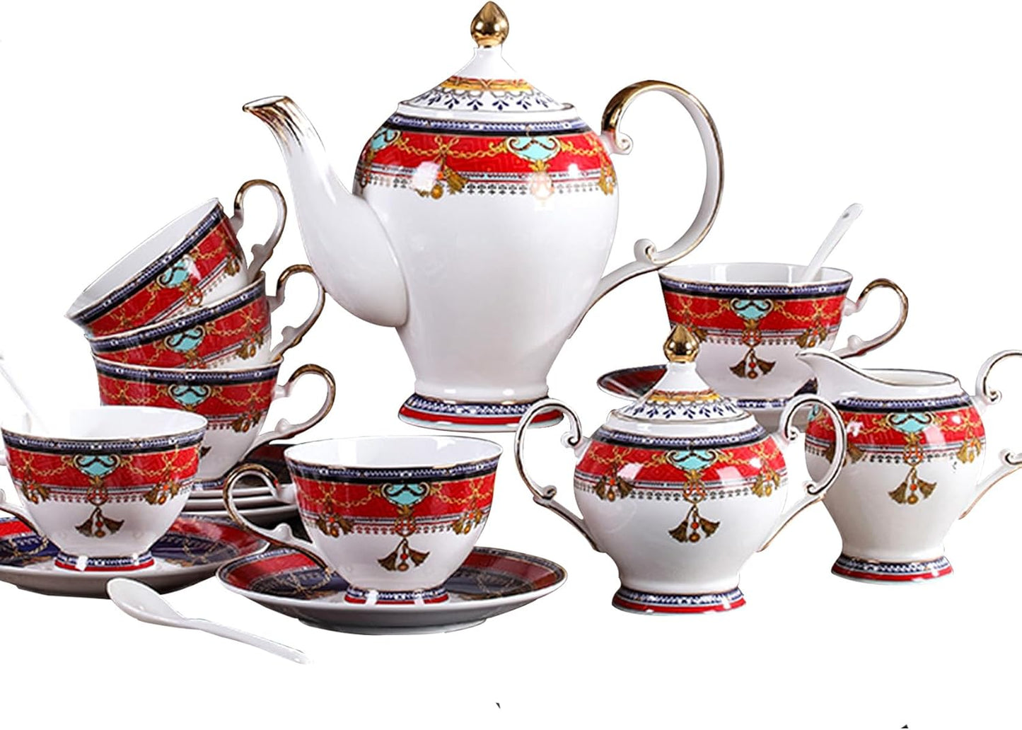 Euro Style Bone China Tea Set, Tea Sets For 6 Adults, Bone China Tea Cup Set With Teapot Spoons, Sugar Bowl, Creamer Pitcher, Tea Set for Women, Tea Party Set, Gift Package (21, Vienna)