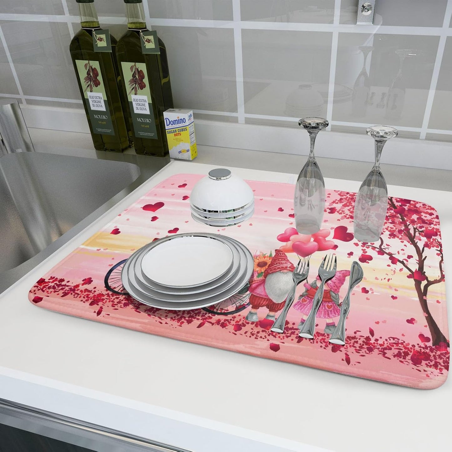 Pink Heart Valentine's Day Gnomes Dish Drying Mat for Kitchen Counter,Pink Bicycle Love Tree Drying Mat 18 x 24 Inch with Absorbent Reversible Microfiber Dish Drying Pad Dish Rack Pad for Coffee Bar
