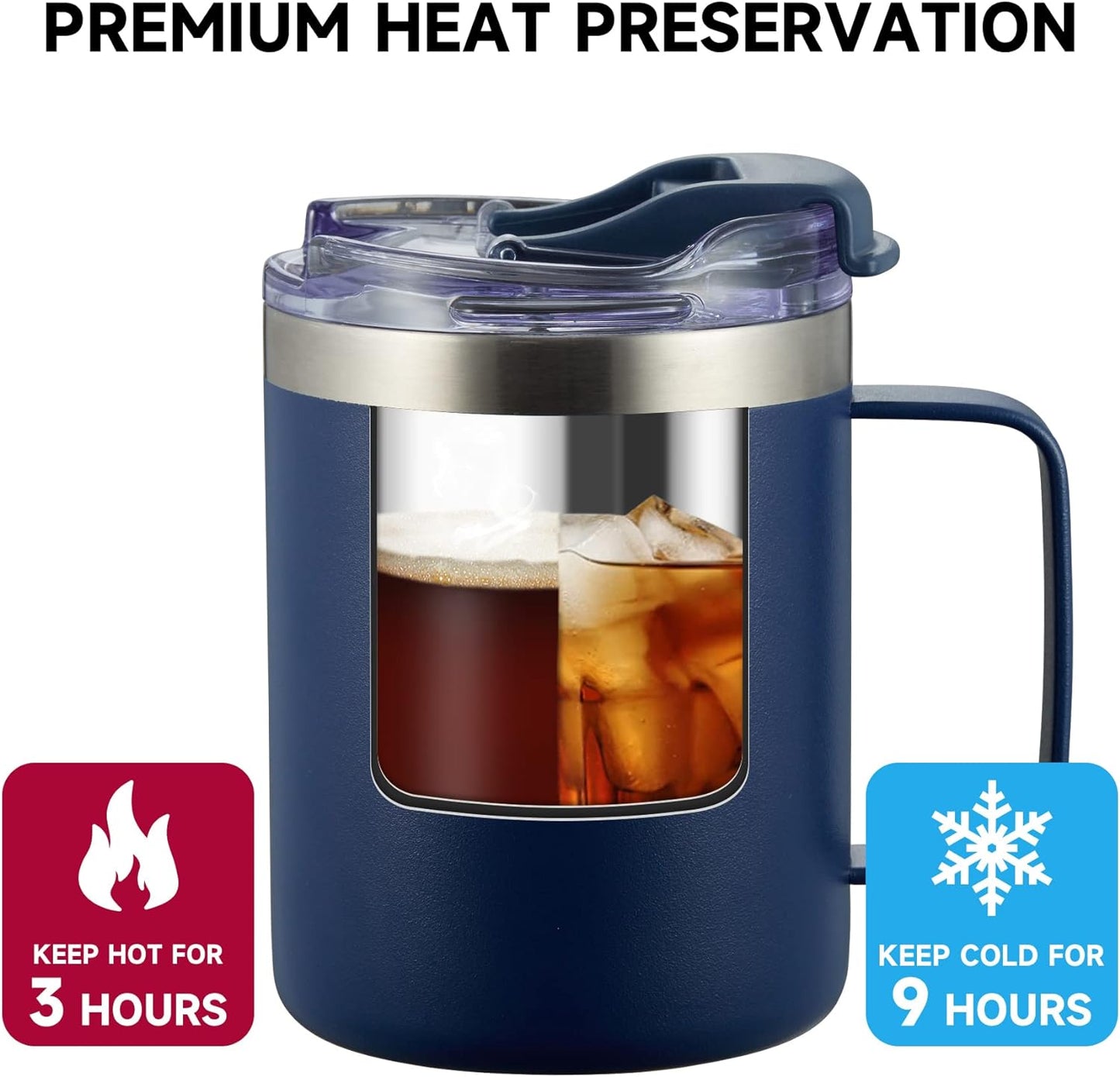 ALOUFEA 12oz Stainless Steel Insulated Coffee Mug with Handle, Double Wall Vacuum Tumbler Cup with Fliping Lid, Navy, 4 Pack