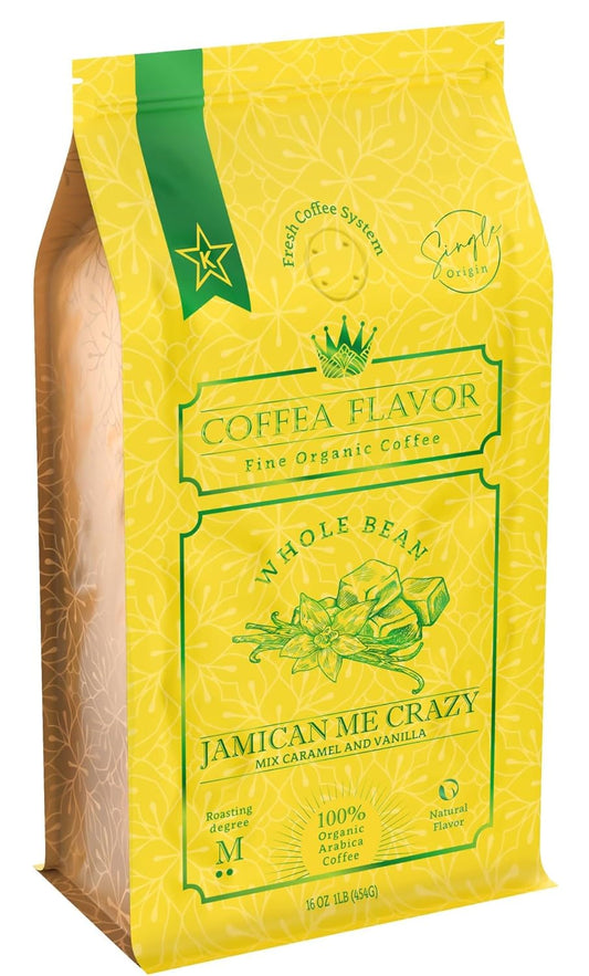 Jamaican Me Crazy Whole Bean Coffee – 100% Arabica, Single Origin, Medium Roast, Naturally Sweetened, Caramel and Vanilla Flavored – Perfect for Cold Brew – by Coffea Flavor