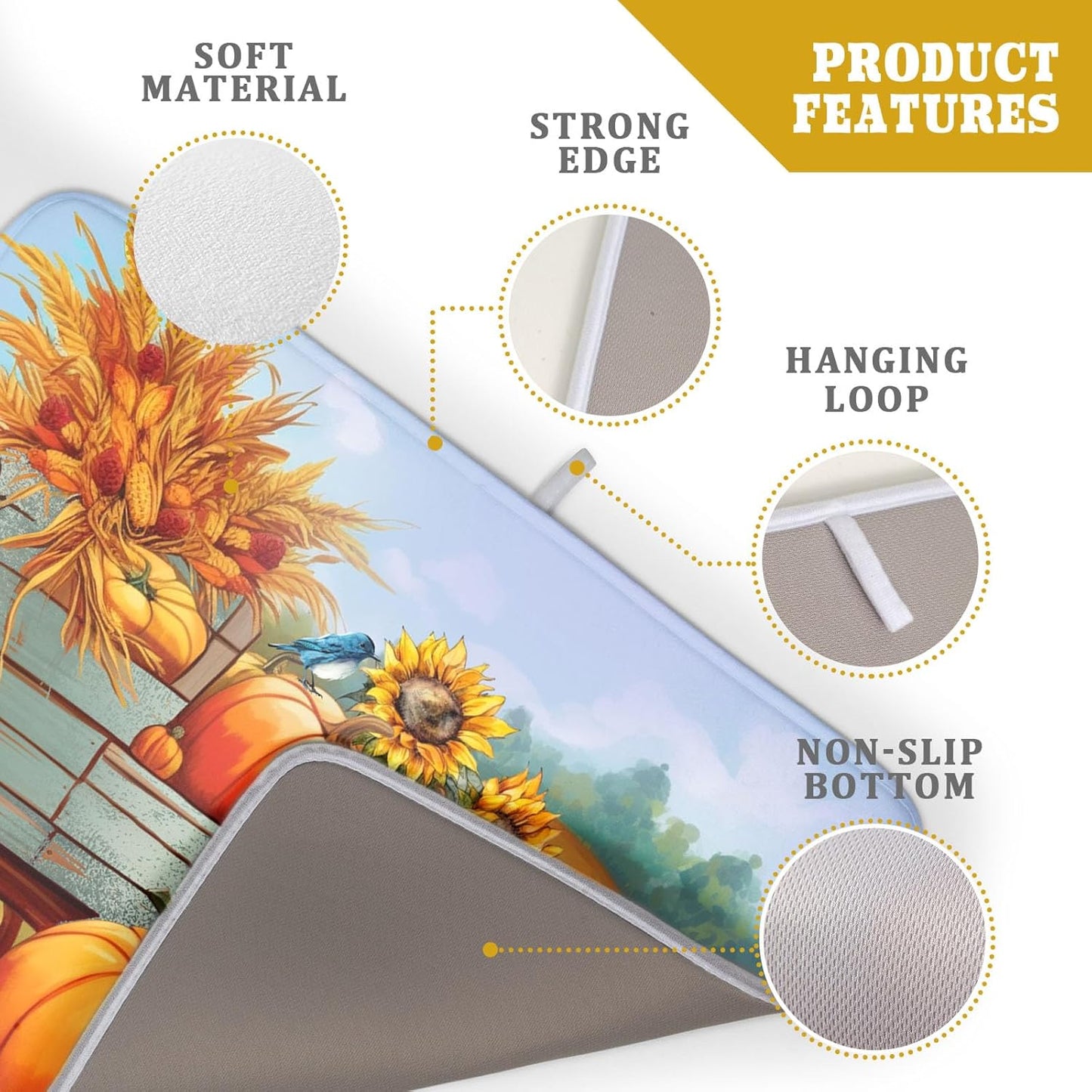 Thanksgiving Autumn Harvest Pumpkin Dish Drying Mat for Kitchen Counter,Sunflowers and Cart Drying Mat 18 x 24 Inch Microfiber Dish Drying Pad Ear of Rice Dish Rack Drainer Mat for Coffee Bar