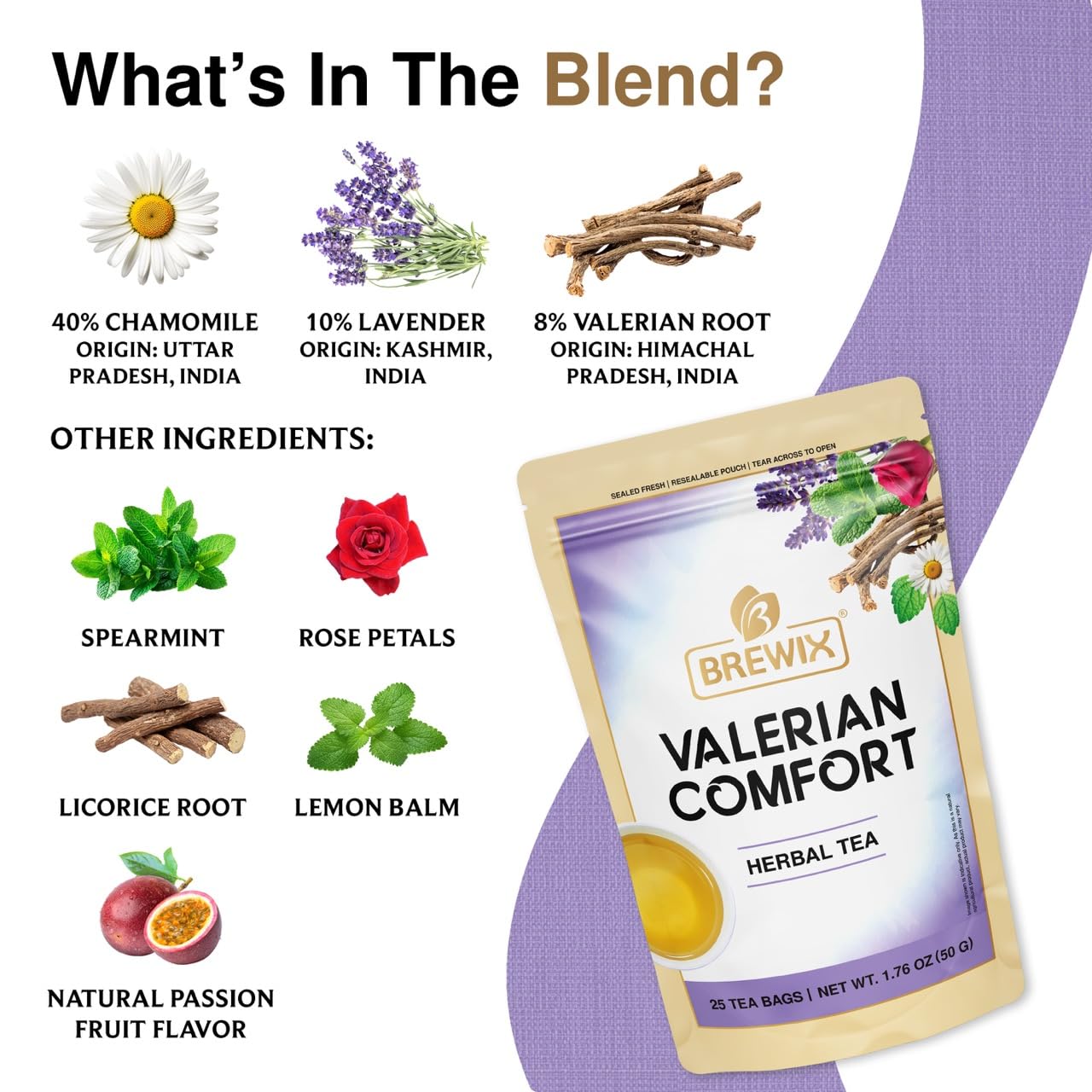 BREWIX, Valerian Comfort Tea for Sleep and Relaxation (25 Pyramid Bags) Caffeine-Free and Calming for Bedtime | Valerian Root, Chamomile & Lavender | Perfect Wellness Sleep