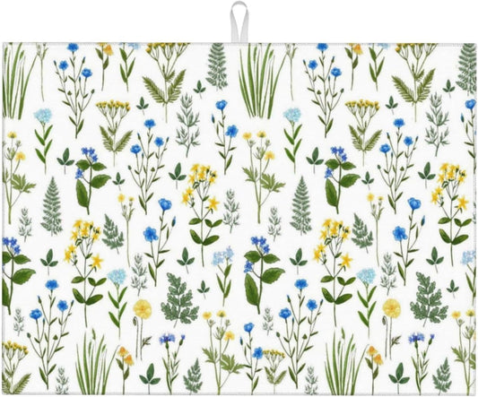 Blue Yellow Wildflower Dish Drying Mats for Kitchen Counter, Vintage Botanic Fern Leaves Floral Kitchen Drainer Pad, 18" x 24" Absorbent Microfiber Washable Reusable Dish Draining Mats, Home Decor