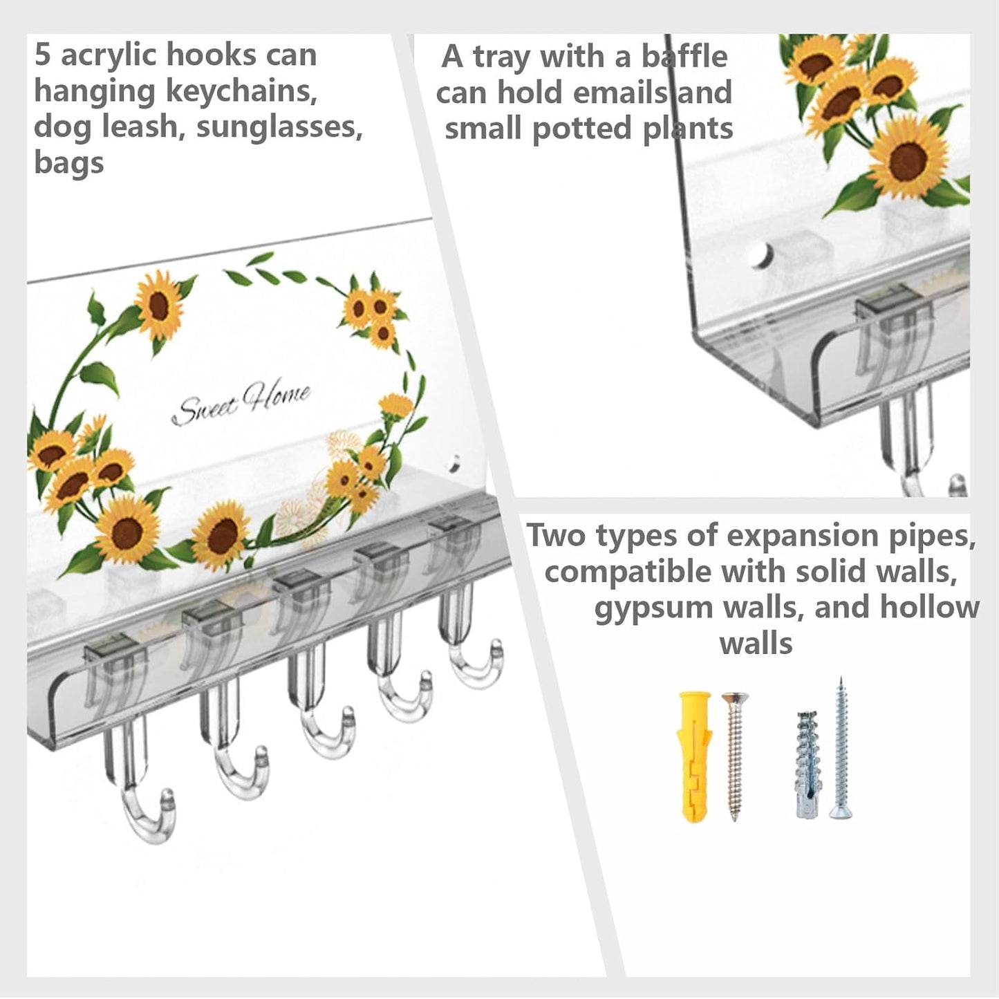 Sunflower Key Holder Wall Mount, Transparent Acrylic Wall Mail Key Organizer Shelf with 5 Hooks Tray for Keys, Mail, Bags Home Decor Key Rack Hanger, Easy Install