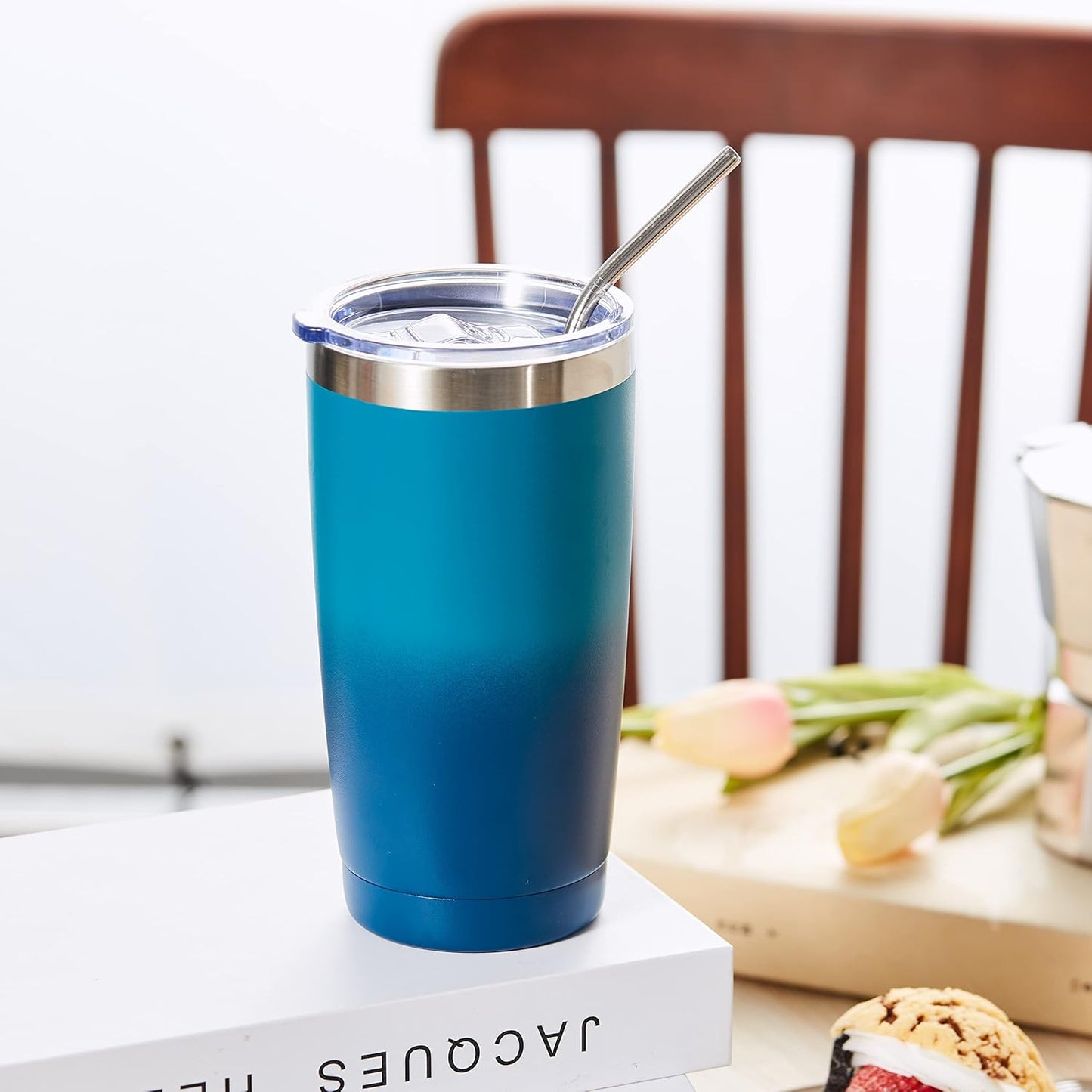 COMOOO 20oz Tumbler with Straw Stainless Steel Insulated Coffee Tumbler Cups Double Wall Vacuum Travel Coffee Mug with Splash Proof Sliding Lid for Hot Cold Drinks (Dark Night, 12 Pack)