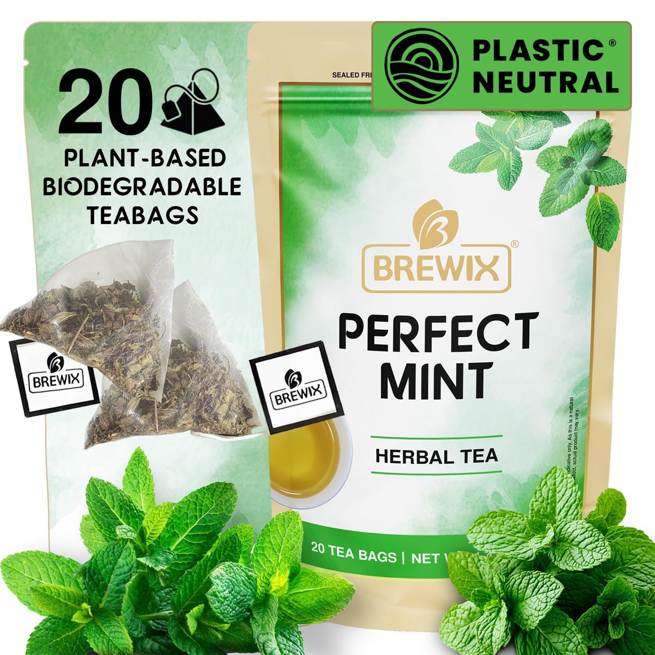 BREWIX, Perfect Mint Tea (20 Pyramid Tea Bags) | Soothing Mint Blend for Digestion Support & Daily Calm | Calming, Fresh and Cool | Caffeine Free Herbal Tea | No Sugar & No Caffeine | Spearmint and Peppermint