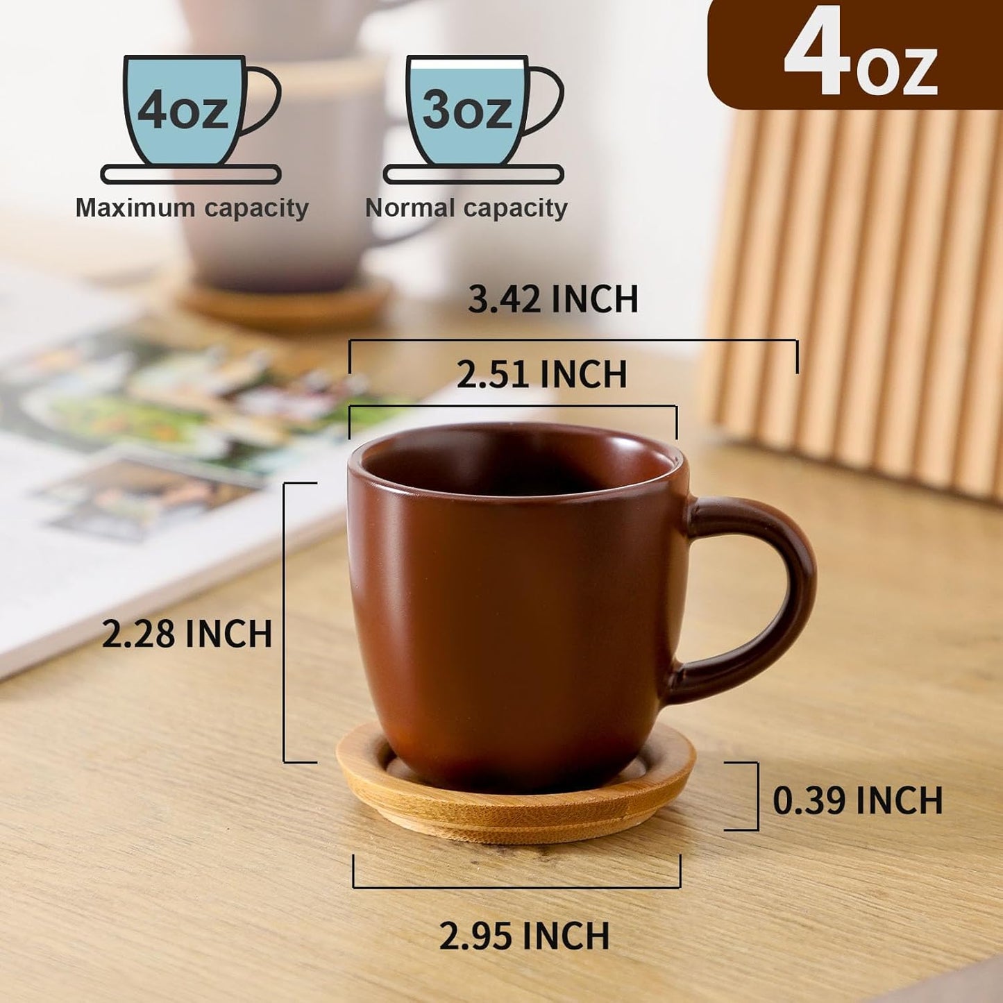 Hasense Stackable Porcelain Mini Espresso Cups and Saucers Set of 6, 4 OZ Ceramic Small Demitasse Espresso Shots Cups with Lids for Nespresso Lungo, Latte, Cafe Mocha and Tea, Brown