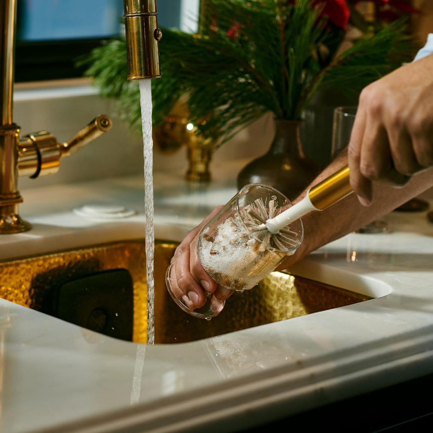 Ionic Bottle Brush, Magnetized to Stand Upright, Stainless Steel with Replaceable Head, Bronze