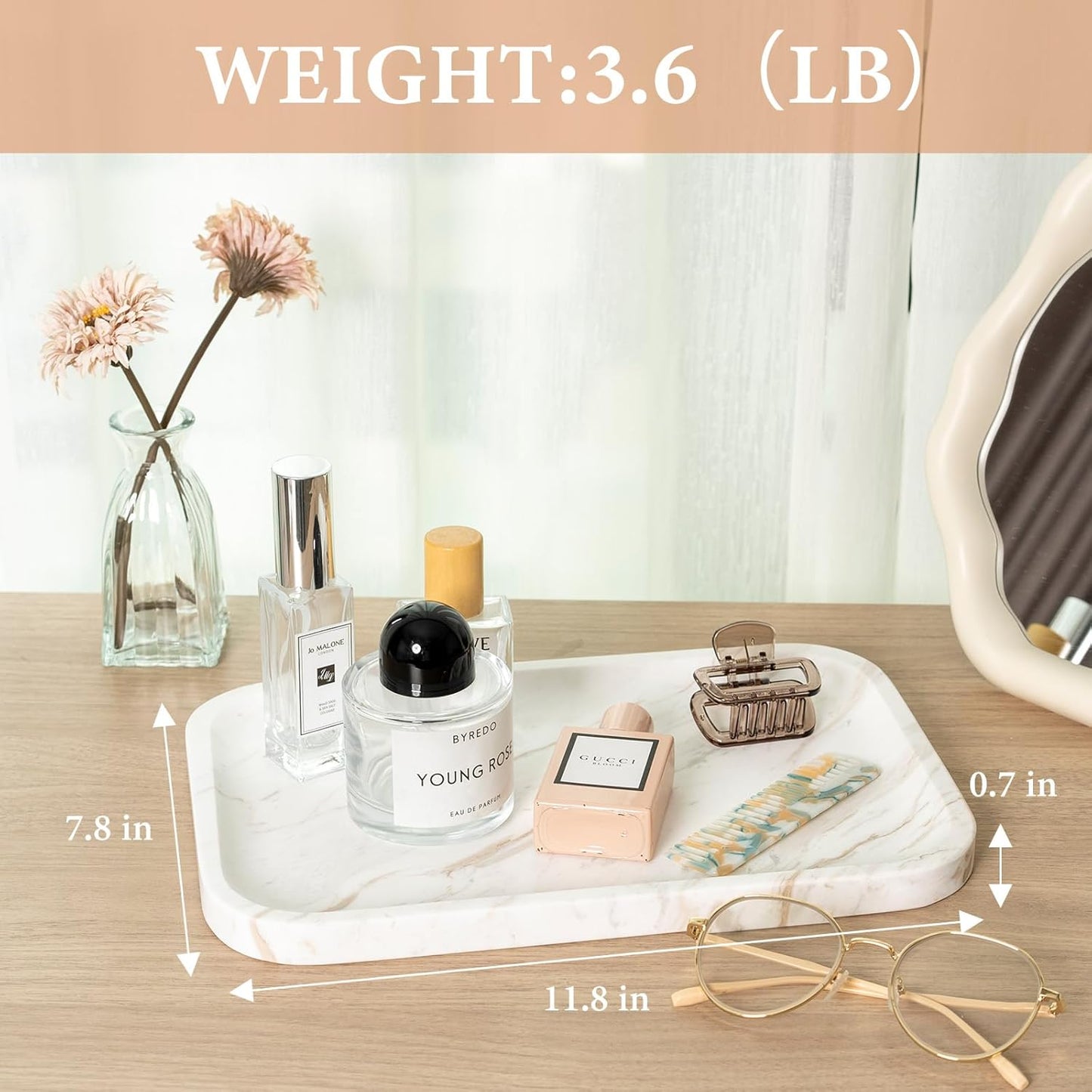 Marble Vanity Tray, Marble Bathroom Tray Countertop, Decorative Trays for Dresser Organizer, White Stone Storage Serving Trays for Kitchen, Perfume, Jewelry Cathall Holder