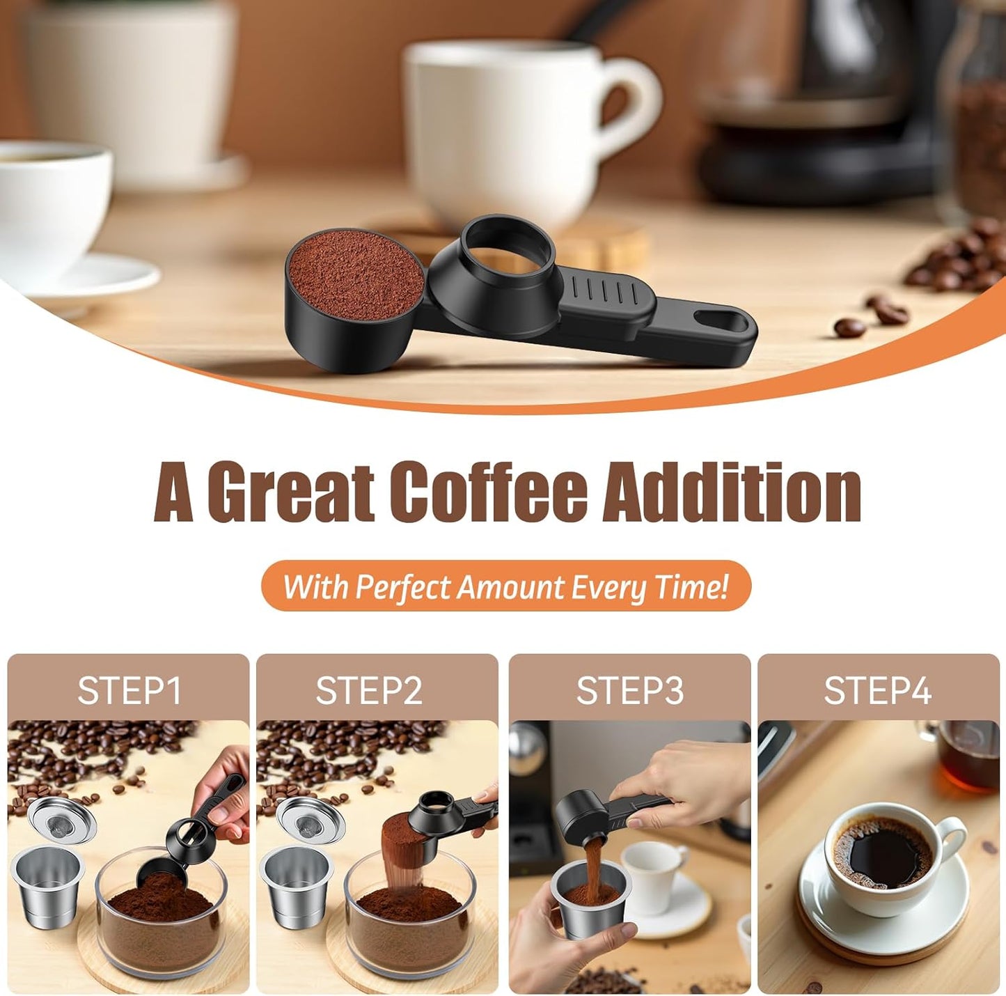 CAPMESSO Coffee Scoop & Funnel for Reusable K Cup Refillable Coffee Pods: 2 Tablespoon Coffee Measuring Scoop - Easy Slide Scoop for Ground Coffee, Protein Powder, Tea without Spilling (1 Pack)
