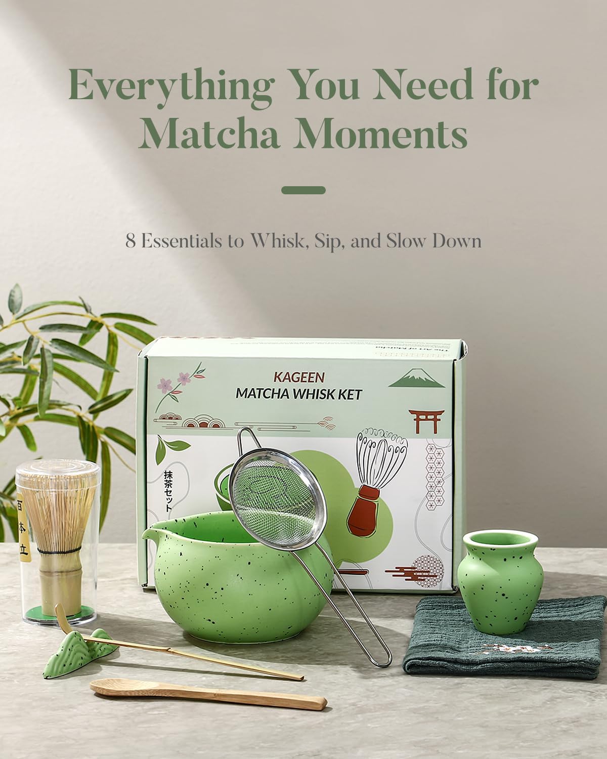Matcha Whisk Set - 8 Piece Japanese Matcha Tea Set with Matcha Bowl with Spout, Bamboo Whisk, Scoop & Sifter | Matcha Kit for Making Smooth, Frothy Matcha at Home or as a Gift