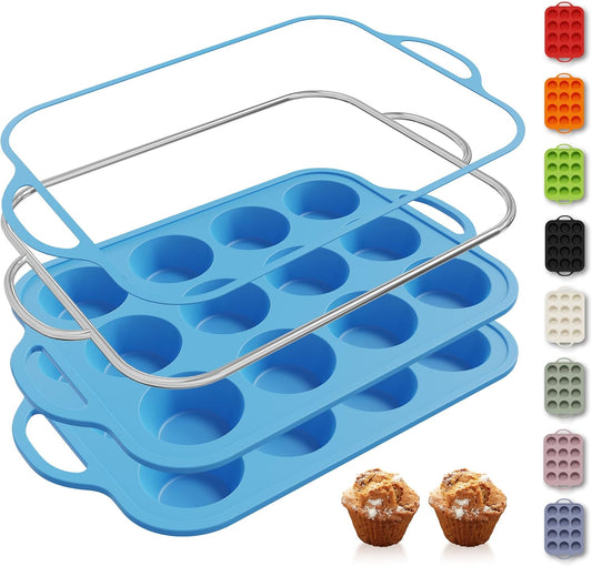 2 Packs 12 Cups Silicone Muffin Pan with Metal Reinforced Frame Regular Size Cupcake Pan Tray Egg Bites Silicone Circle Cookie Molds Muffin Tin Tart Pans Baking Sheet Set for Breakfast Sandwiches