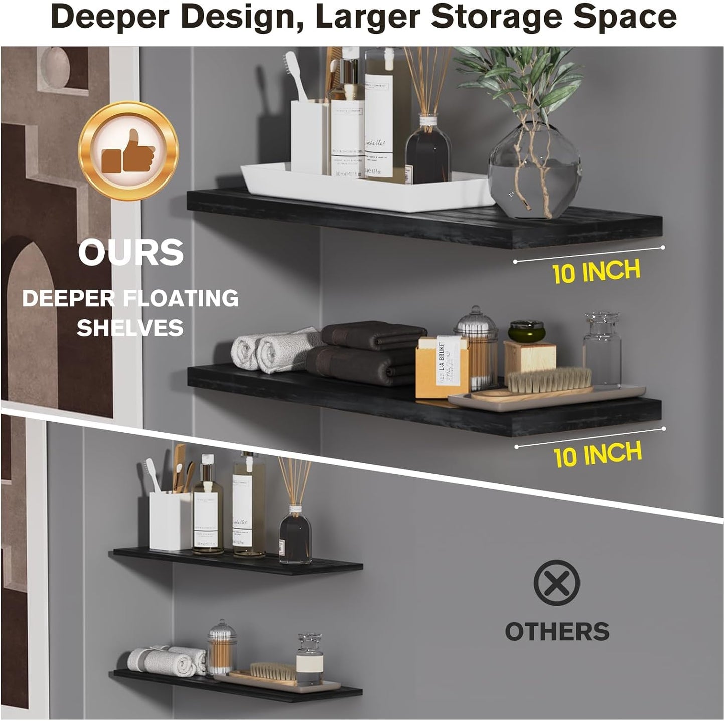 Wall Shelf Set of 1,Dark Wood Floating Shelves 30 in W x 10 in D x 1 in H, Wooden Floating Wall Shelf with Invisible Brackets for Living Room/Bedroom/Bathroom/Kitchen Storage and Decor