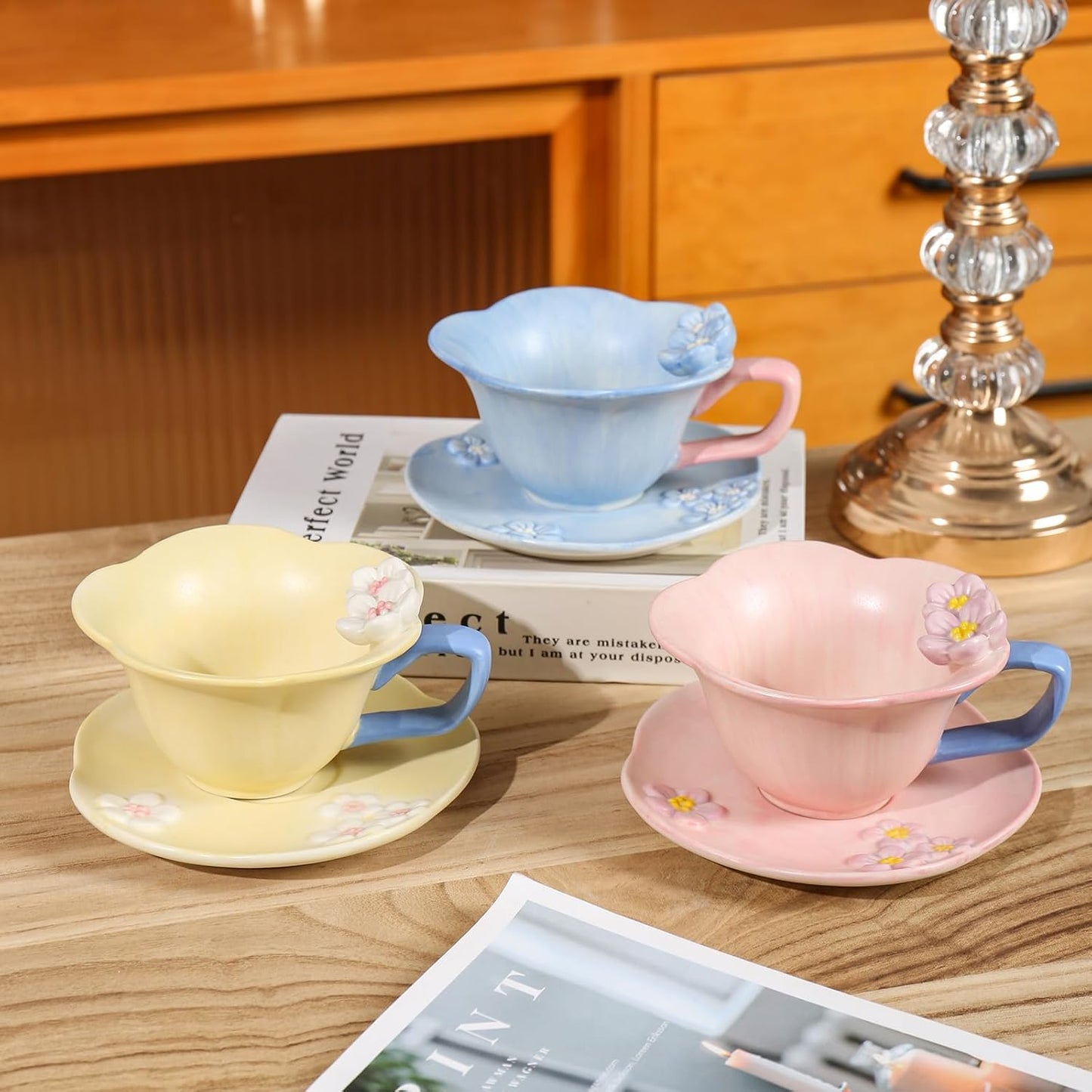 Floral Tea Cups and Saucers, Ceramic Cute Coffee Mug for Women Tea Party, Cappuccino Latte Milk (Pink)