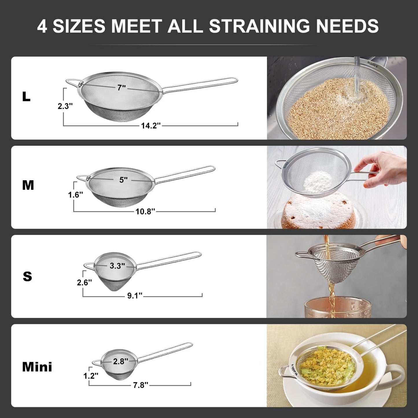 Walfos Fine Mesh Strainer 4PCS, Versatile Kitchen Strainer with Handle - 7", 5", 3.3", 2.8" Sieve Fine Mesh Stainless Steel, Metal Strainers and Sifters for Rice, Quinoa, Tea, Cocktail, Pasta, Juice