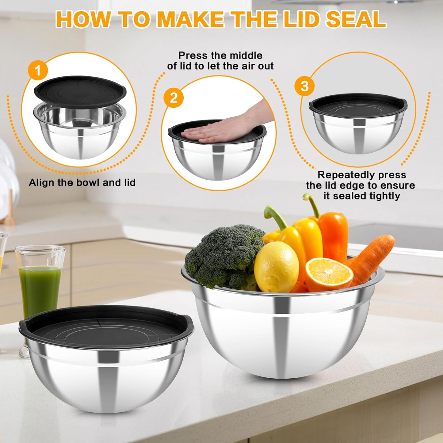 7 Piece Metal Mixing Bowls with Lids Set, Stainless Steel Nesting Design Salad Mixing Bowl Set for Kitchen Cooking, Baking, Prepping and Serving Food (Size 0.7, 1.1, 1.5, 2.1, 3.5, 4, 4.5QT)