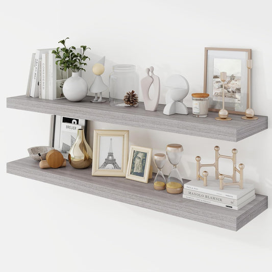 40 Inch Floating Shelves, 9.3" Deep Floating Shelf Wall Mounted, 40" Wall Shelves, Rustic Deep Bookshelf, Large Display Shelves & Storage Shelves for Bedroom, Living Room, Gray, Set of 2