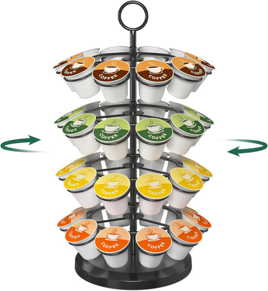 EsLuker.ly K Cup Holder Coffee Pod Organizer Carousel for Counter, Metal Storage Rack Stand for Kitchen, Rotatable 4 Tier Pod Tower Tree for 40 K Cups, Space Saving Meets Elegance, Black
