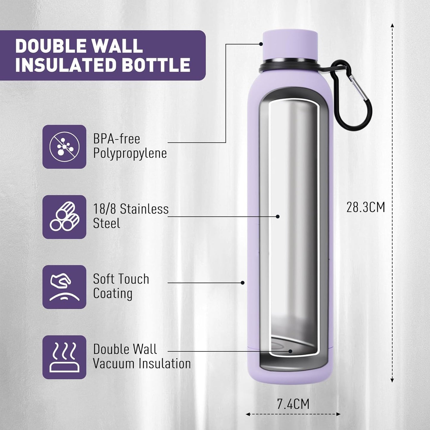 Slim Insulated Water Bottles for Travel 25oz with Clip, Double Wall Vacuum Stainless Steel Water Bottle Keeps Drinks Cold 24 Hrs/Hot 12 Hrs, 100% Leakproof, BPA Free(Purple)