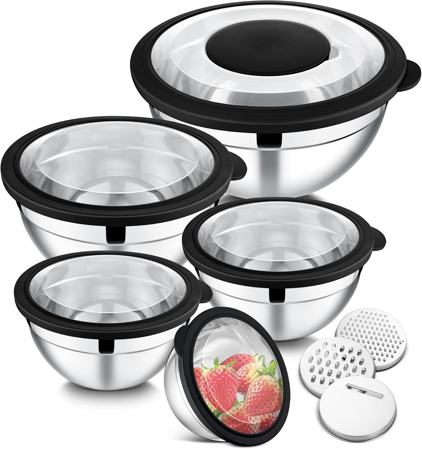 E-far Mixing Bowls Set of 5, Stainless Steel Salad Mixing Bowl with Transparent Lid, Metal Nesting Bowl Attach with 3 Graters for Kitchen Prepping/Serving/Baking/Storage, 4.6/2.6/1.5/1/0.7 QT - Black