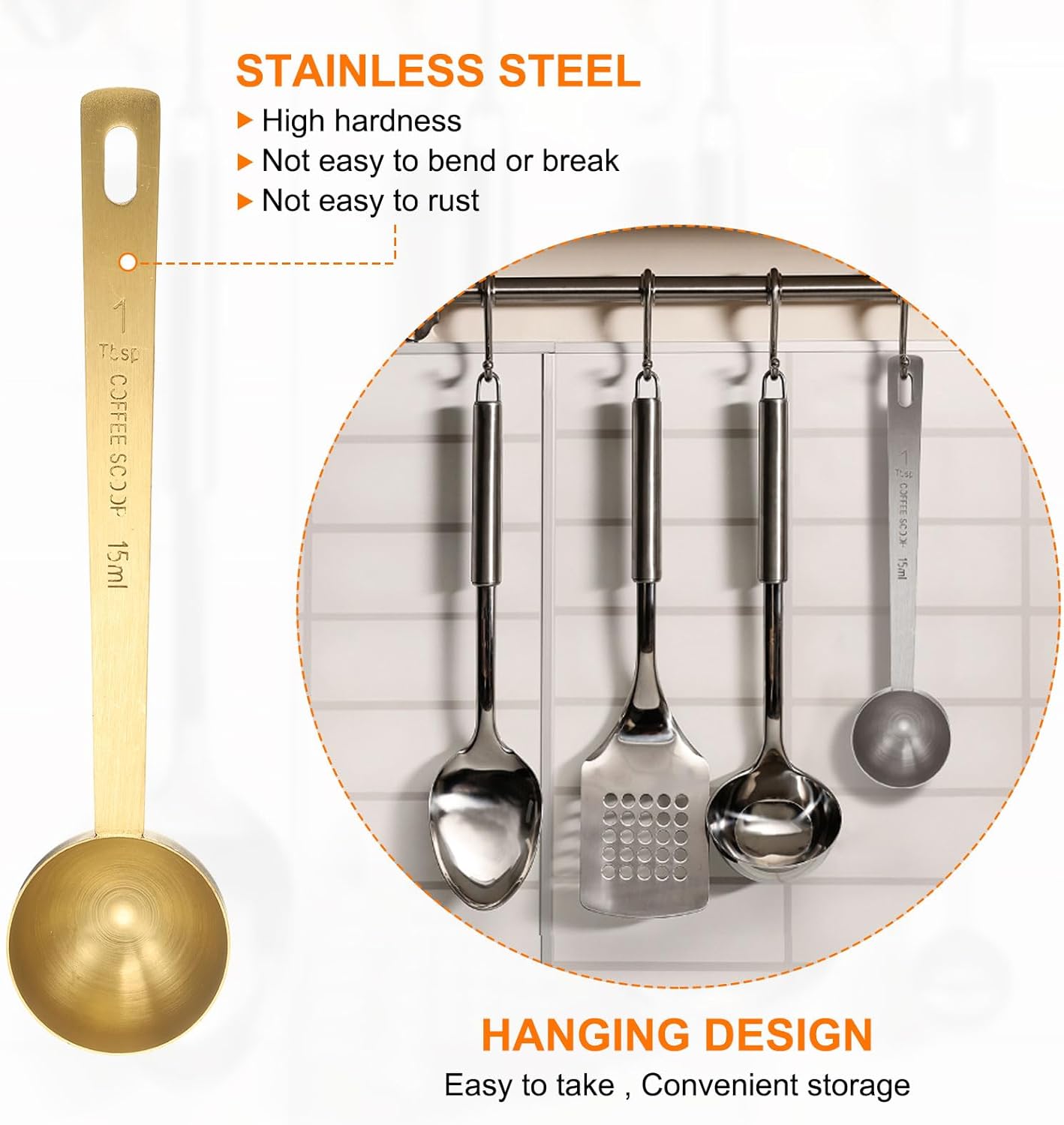 HARFINGTON 3pcs Coffee Scoop Spoon 1tbsp (3tsp, 15ml) 304 Stainless Steel Long Handle Teaspoon/Tablespoon Measuring Spoons Scoops for Tea Sugar Kitchen, Gold