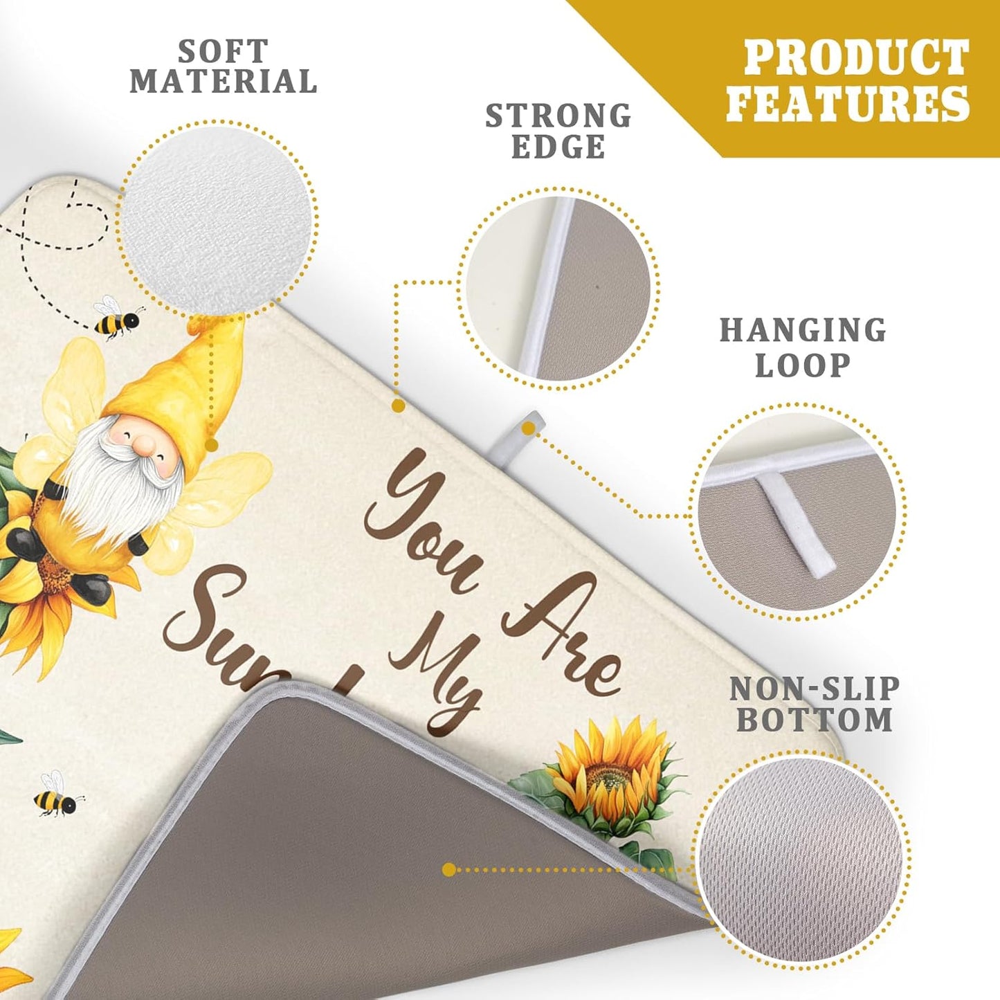 Giwawa Bee Gnomes Dish Drying Mat, Summer Sunflowers Elf Dish Drainer Mats for Kitchen Countertop, Vintage Sunshine Floral Absorbent Reversible Dish Drying Pad Decor, 18x24inches, Large