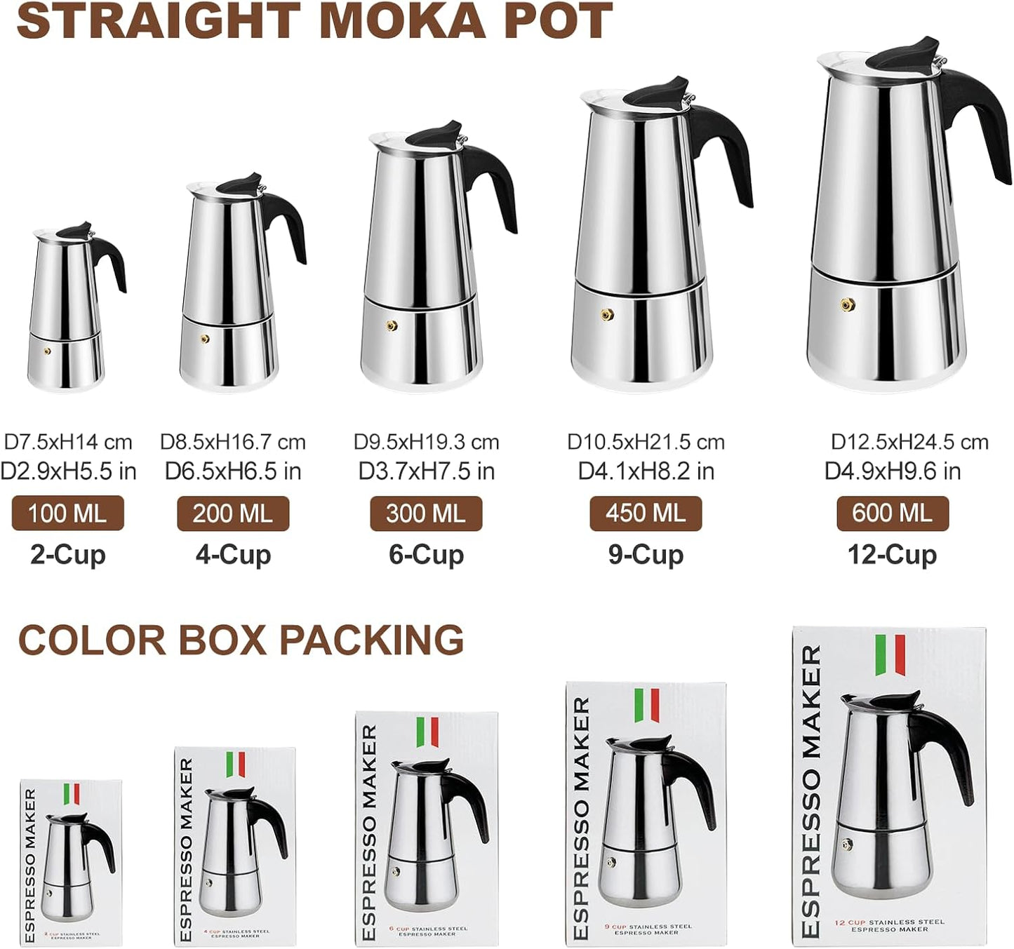 9 Cup Stovetop Espresso Maker Stainless Steel Moka Pot Stove Top Percolator Italian Coffee Makers Capable Mocha Greca Machine Cafe Classic Induction Cookers for Home and Camping 450ml 15oz